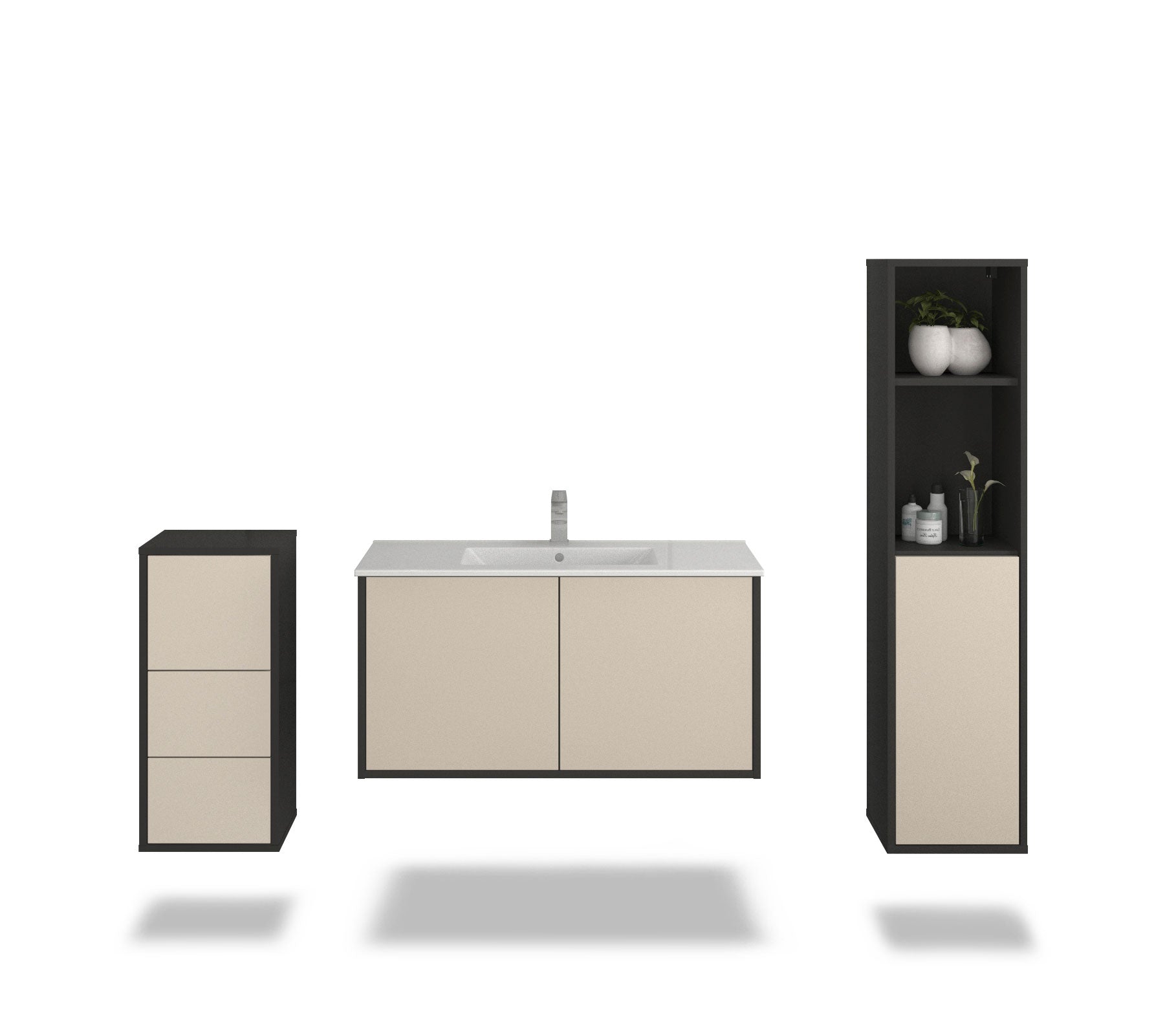 Badmöbelset - 3-Teilig Athene X-IV - Unifarb-Dekor/Anthrazit - Wandmontage - Push to Open - 100 cm