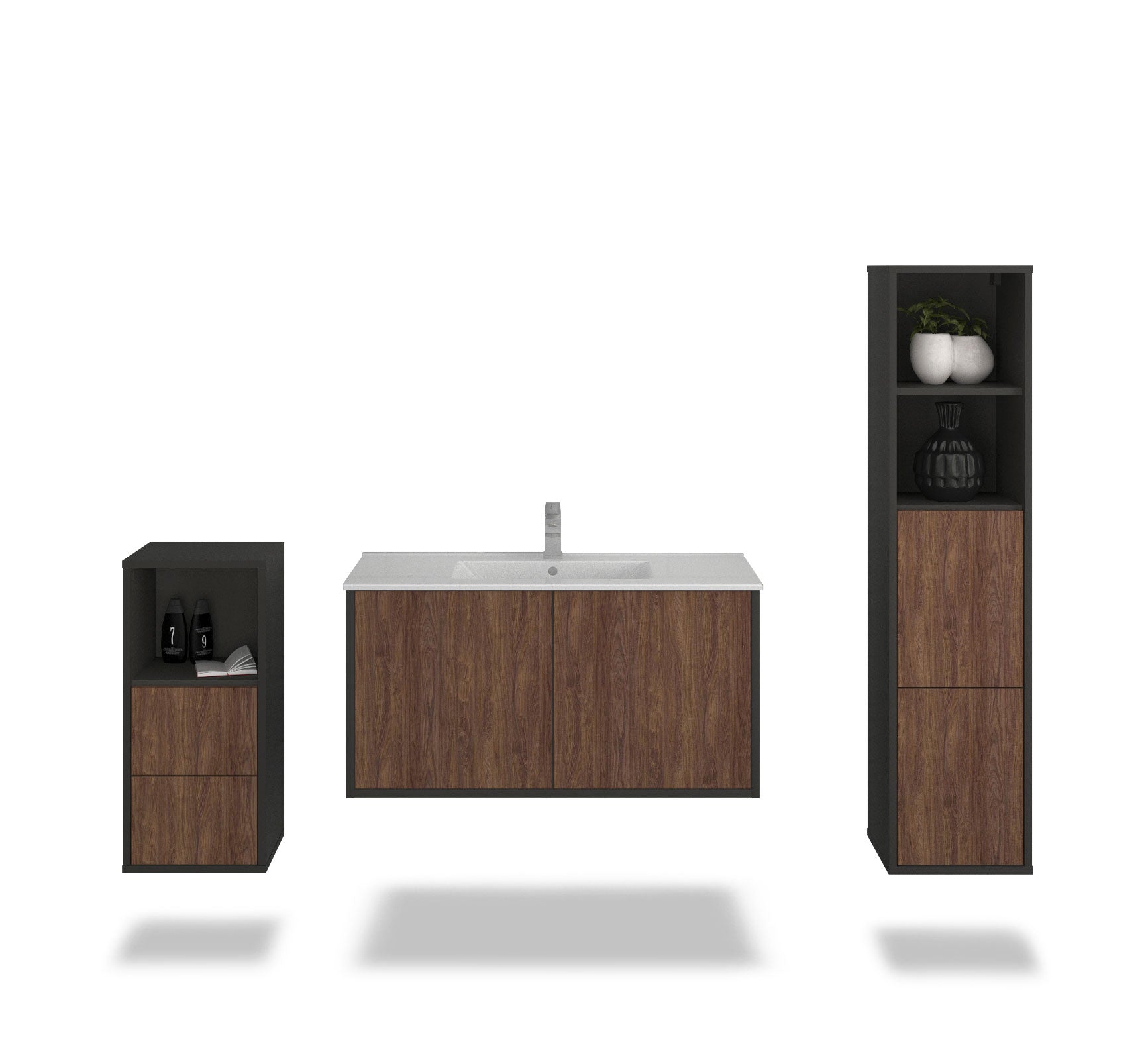 Badmöbelset - 3-Teilig Athene IV-V - Dunkles Holz-Dekor/Anthrazit - Wandmontage - Push to Open - 100 cm