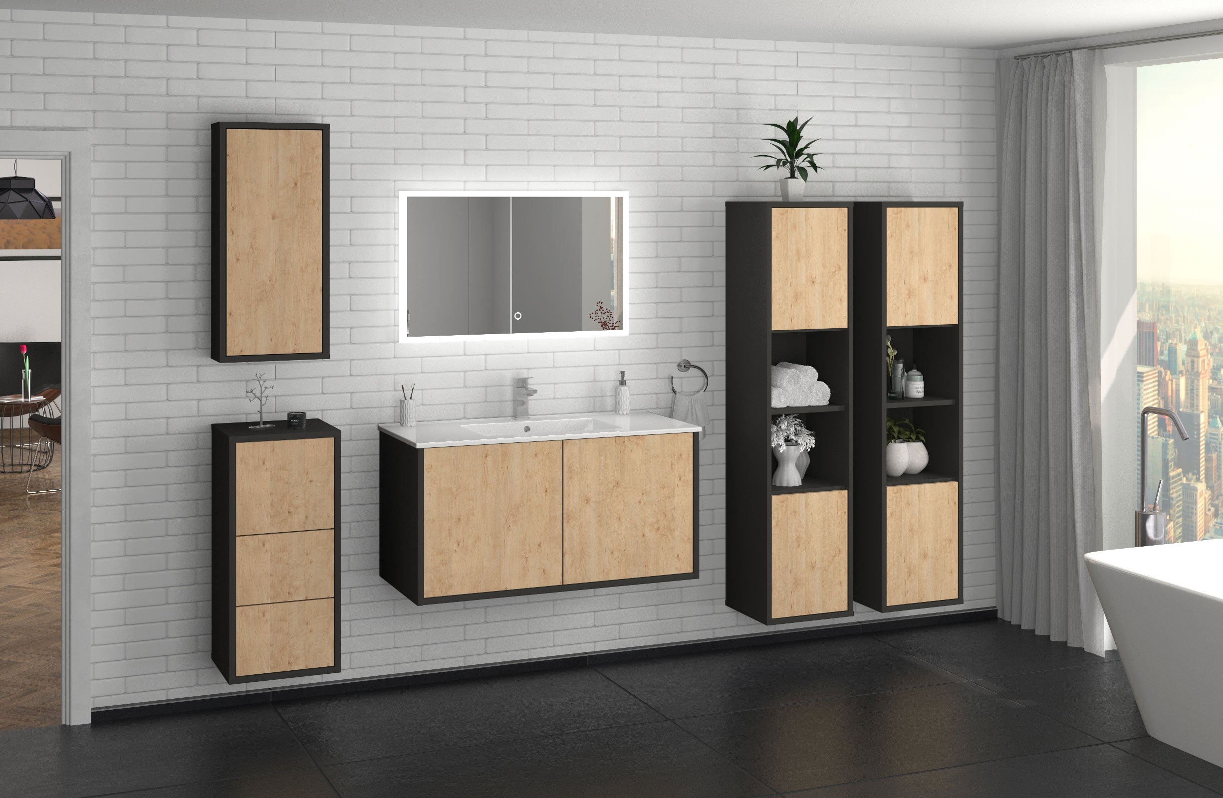 Badmöbelset - 5-Teilig Athene V-IV - Holz-Dekor/Anthrazit - Wandmontage - Push to Open - 100 cm