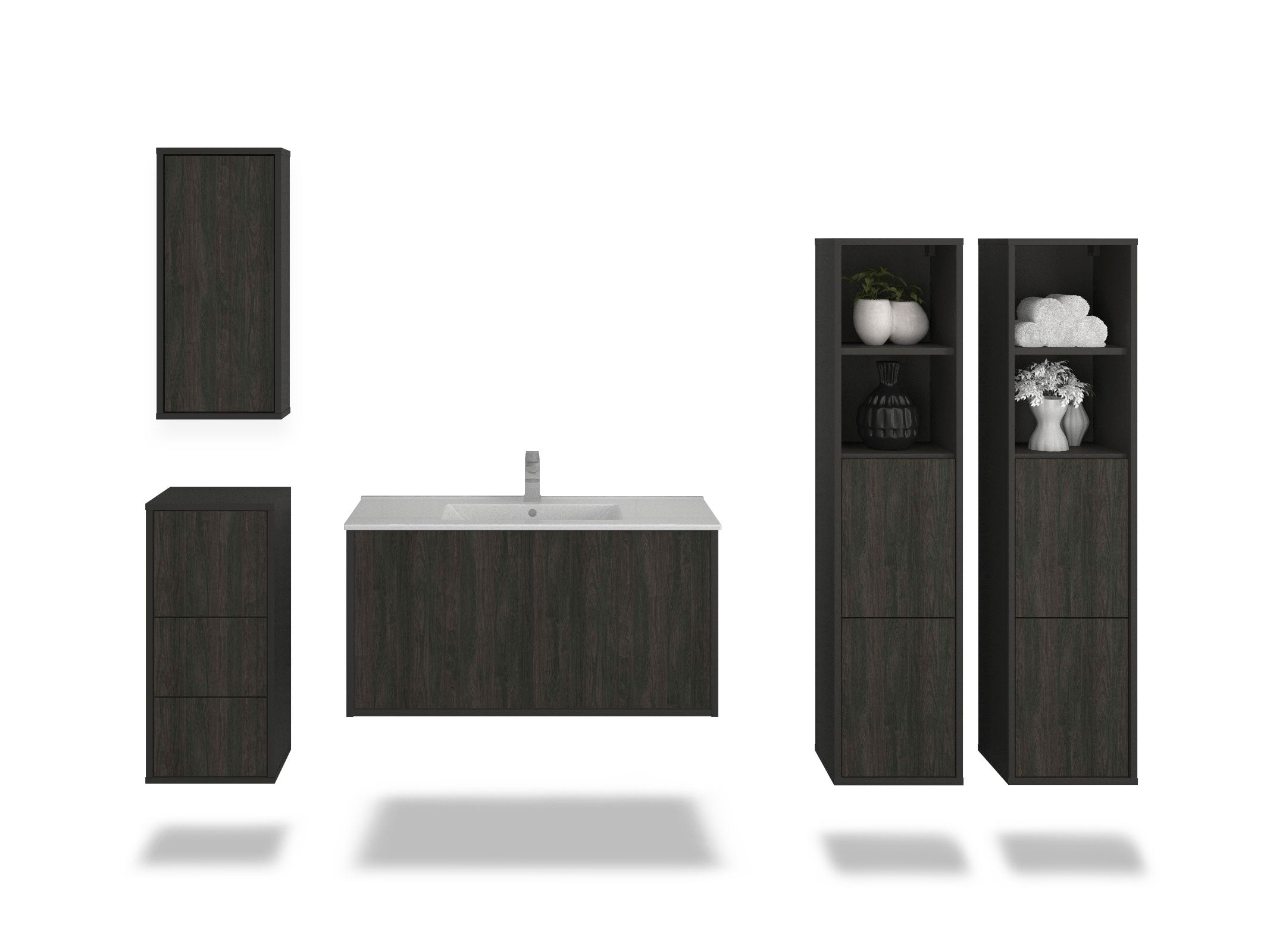 Badmöbelset - 5-Teilig Athene IV-IV - Dunkles Holz-Dekor/Anthrazit - Wandmontage - Push to Open - 100 cm