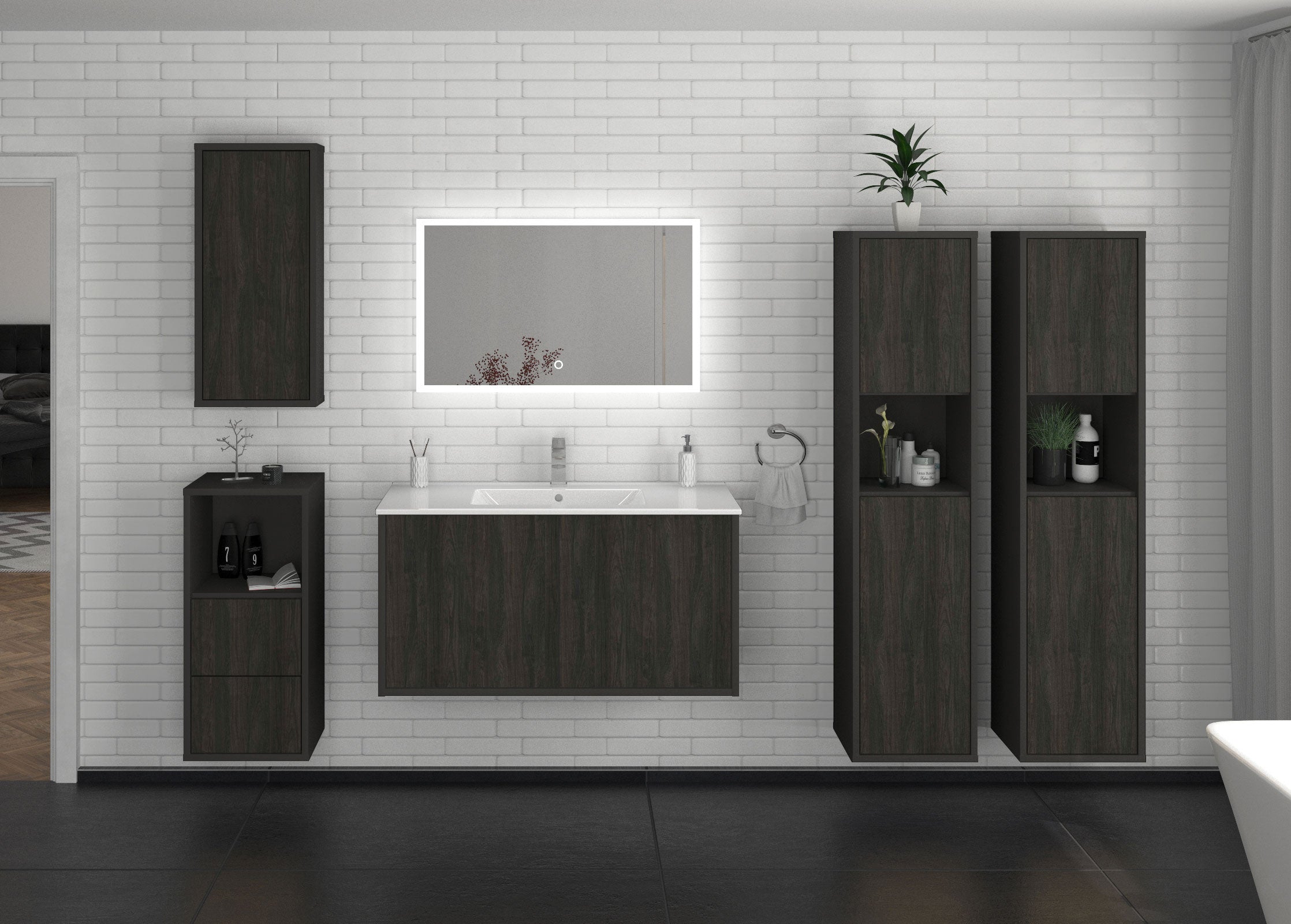 Badmöbelset - 5-Teilig Athene II-V - Dunkles Holz-Dekor/Anthrazit - Wandmontage - Push to Open - 100 cm