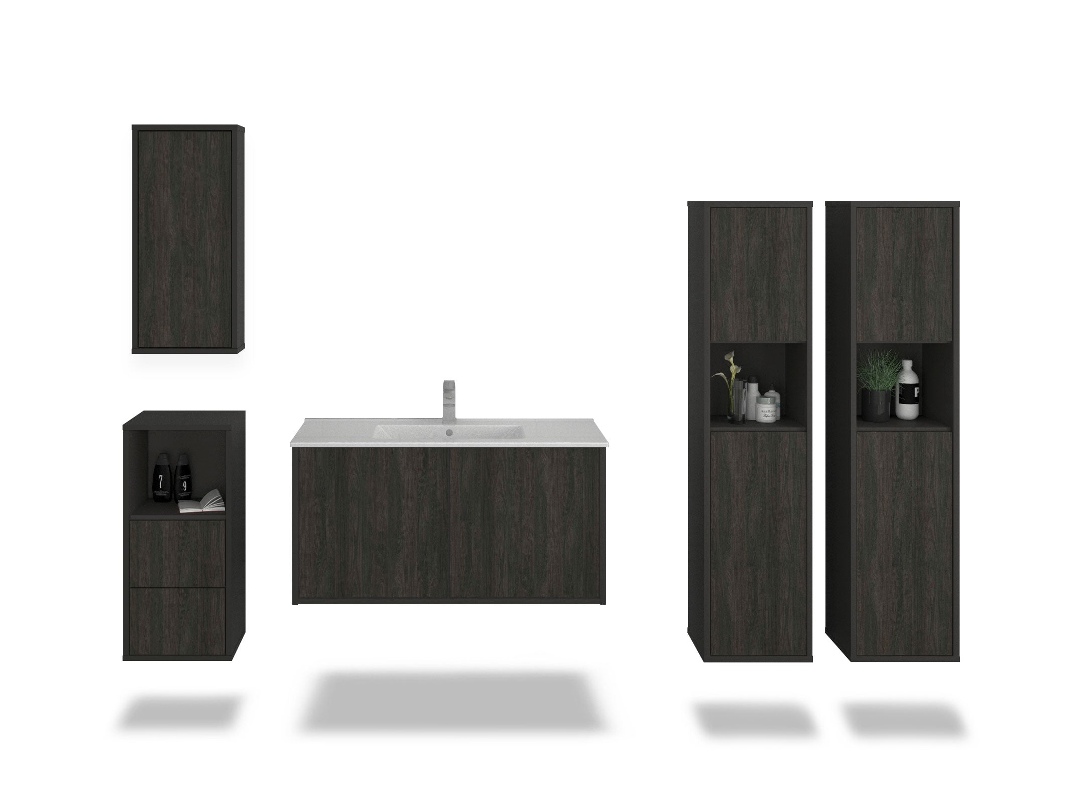 Badmöbelset - 5-Teilig Athene II-V - Dunkles Holz-Dekor/Anthrazit - Wandmontage - Push to Open - 100 cm
