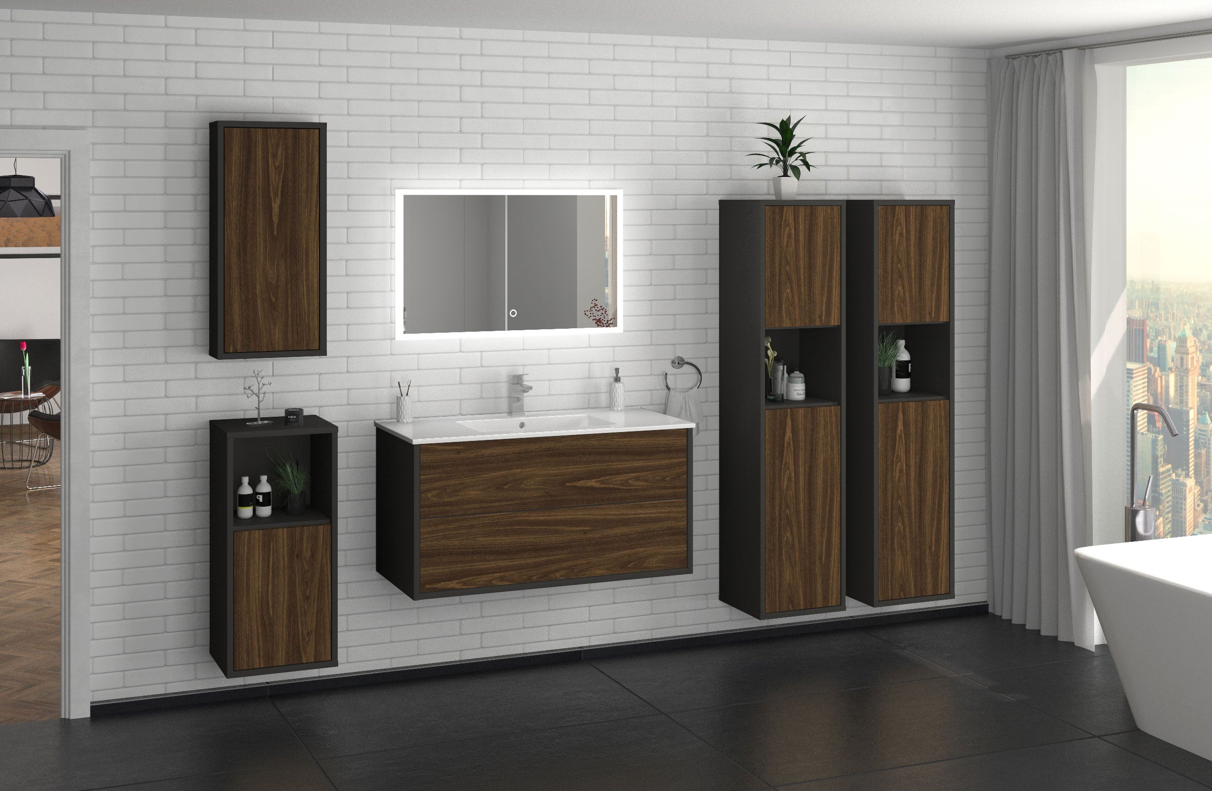 Badmöbelset - 5-Teilig Hades II-II - Dunkles Holz-Dekor/Anthrazit - Wandmontage - Push to Open - 100 cm