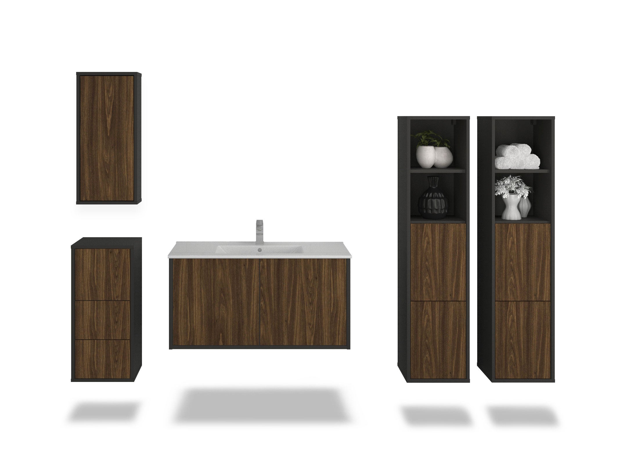 Badmöbelset - 5-Teilig Athene IV-IV - Dunkles Holz-Dekor/Anthrazit - Wandmontage - Push to Open - 100 cm