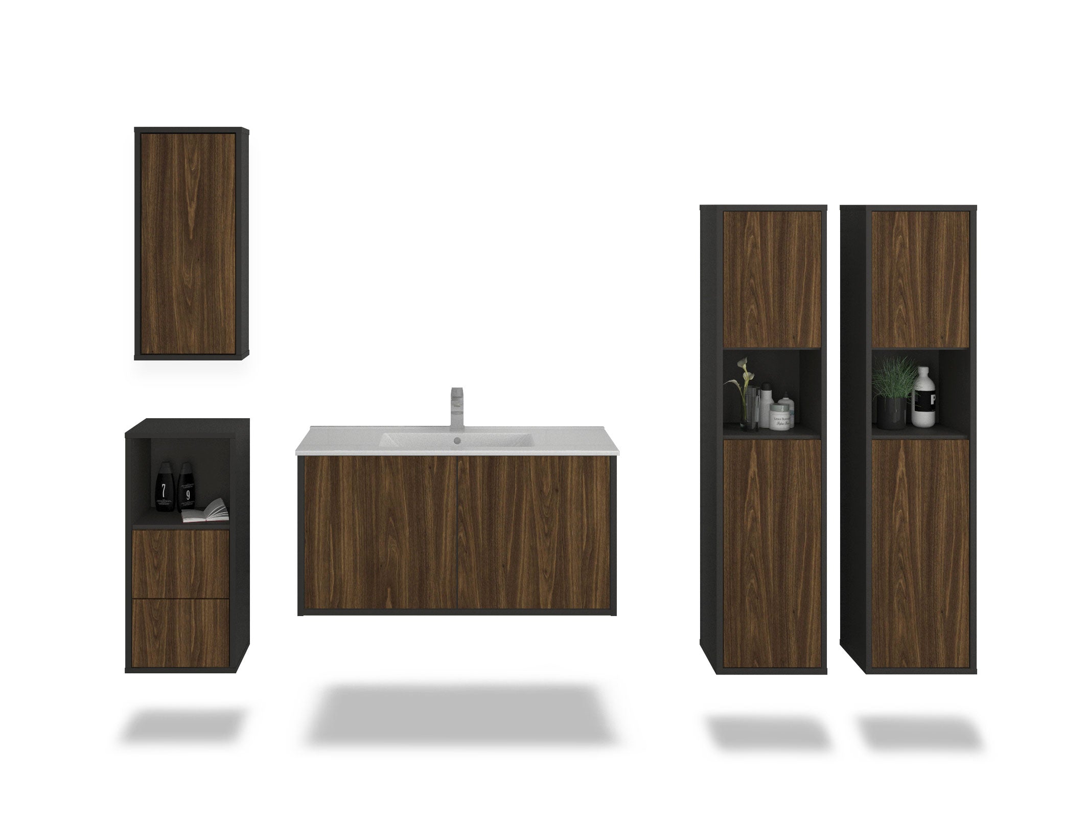 Badmöbelset - 5-Teilig Athene II-V - Dunkles Holz-Dekor/Anthrazit - Wandmontage - Push to Open - 100 cm