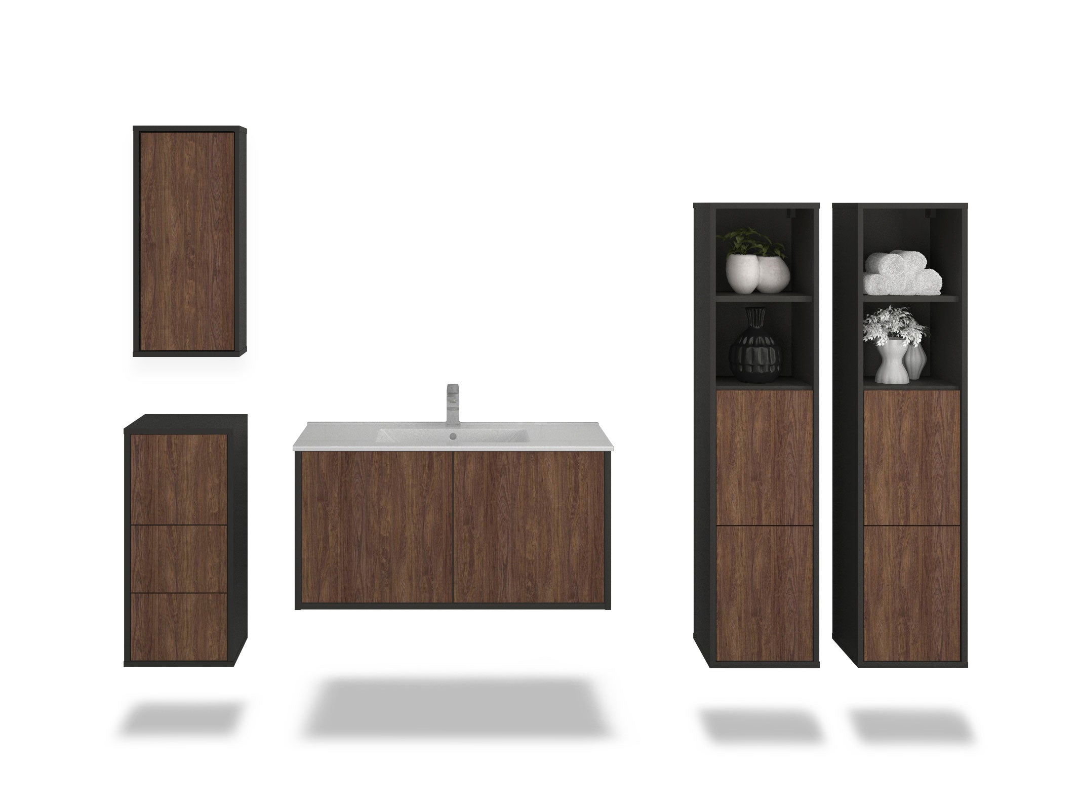 Badmöbelset - 5-Teilig Athene IV-IV - Dunkles Holz-Dekor/Anthrazit - Wandmontage - Push to Open - 100 cm