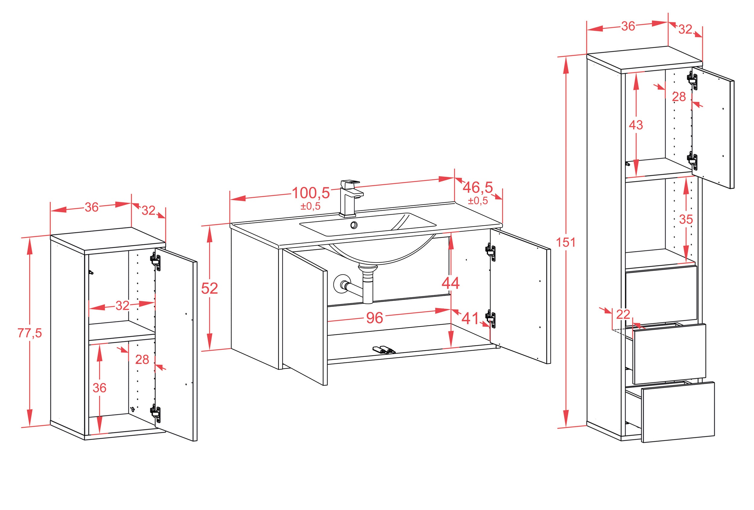 Badmöbelset - 3-Teilig Athene VIII-I - Holz-Dekor/Anthrazit - Wandmontage - Push to Open - 100 cm