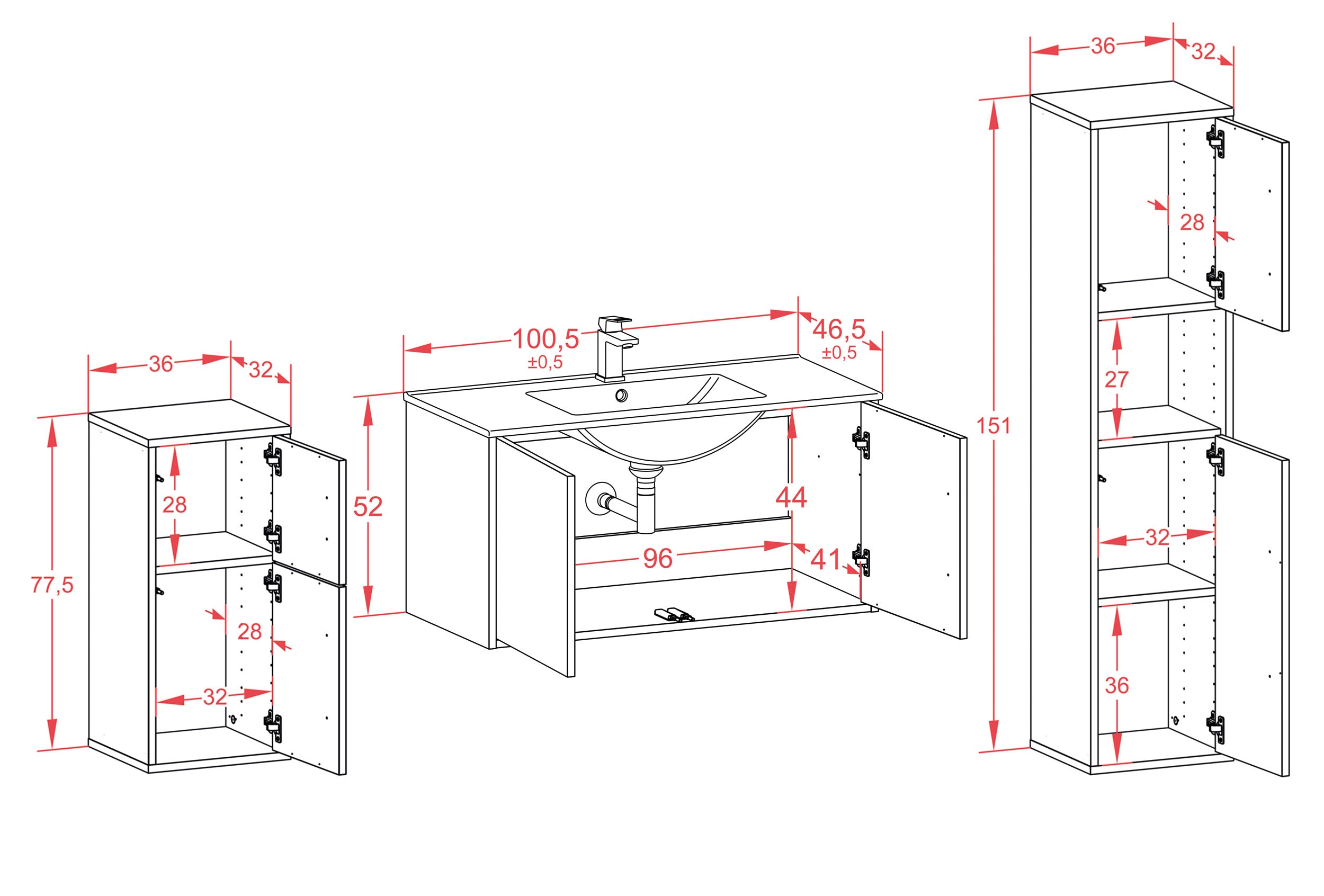 Badmöbelset - 3-Teilig Athene II-III - Unifarb-Dekor/Anthrazit - Wandmontage - Push to Open - 100 cm