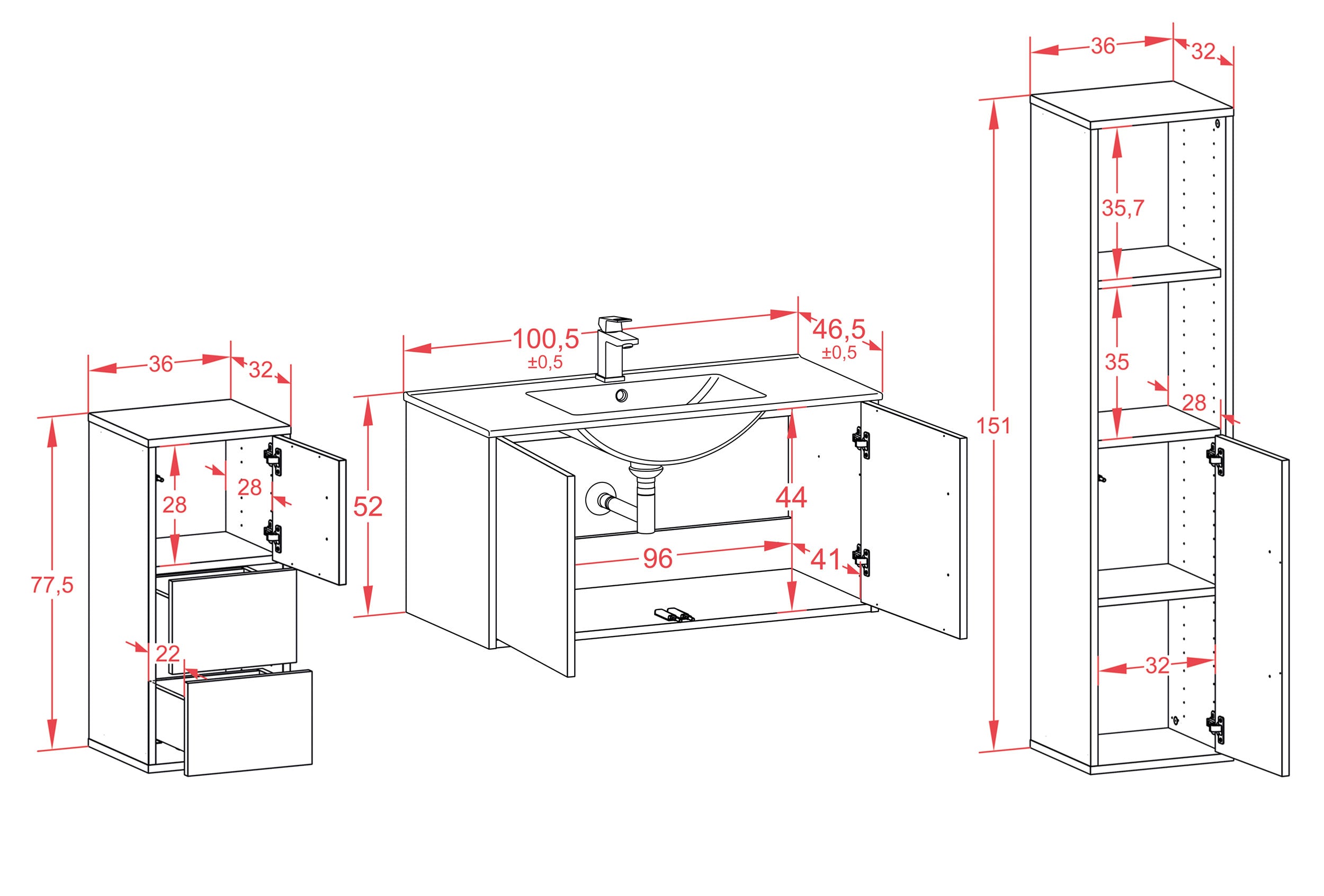 Badmöbelset - 3-Teilig Athene X-IV - Unifarb-Dekor/Anthrazit - Wandmontage - Push to Open - 100 cm
