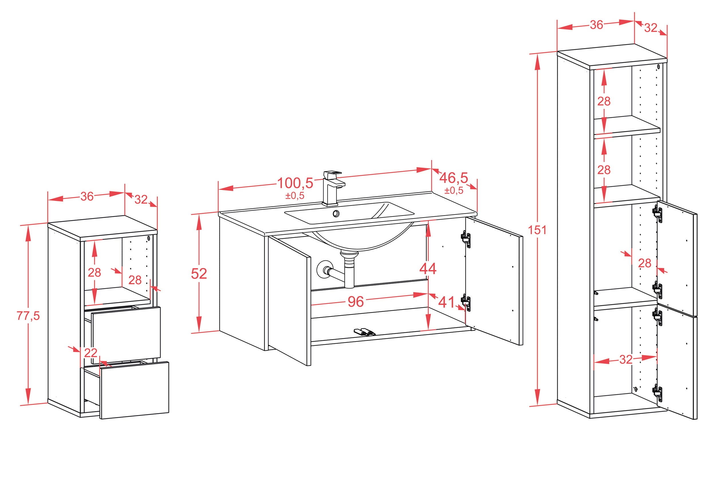 Badmöbelset - 3-Teilig Athene IV-V - Dunkles Holz-Dekor/Anthrazit - Wandmontage - Push to Open - 100 cm