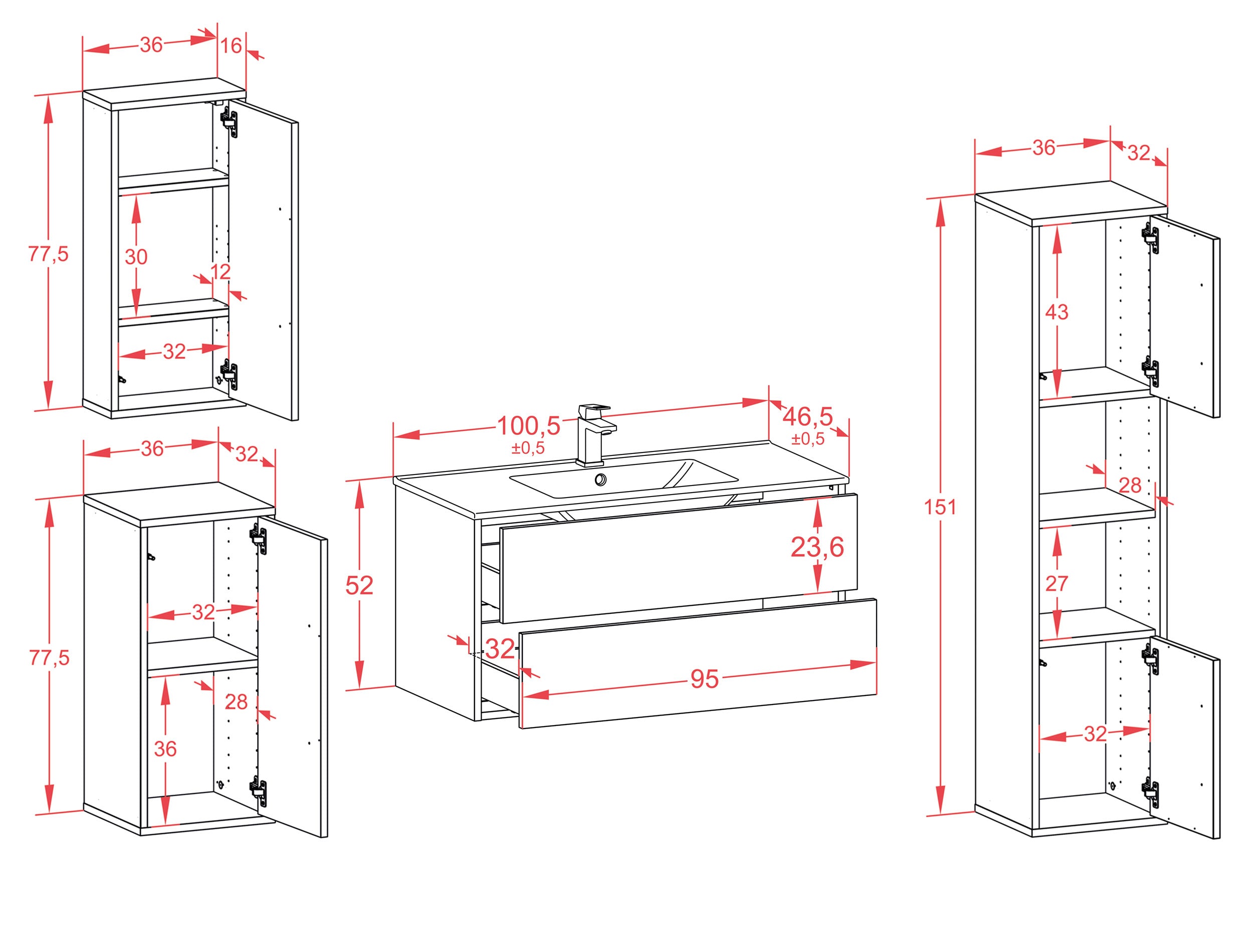 Badmöbelset - 4-Teilig Hades V-I - Unifarb-Dekor/Anthrazit - Wandmontage - Push to Open - 100 cm