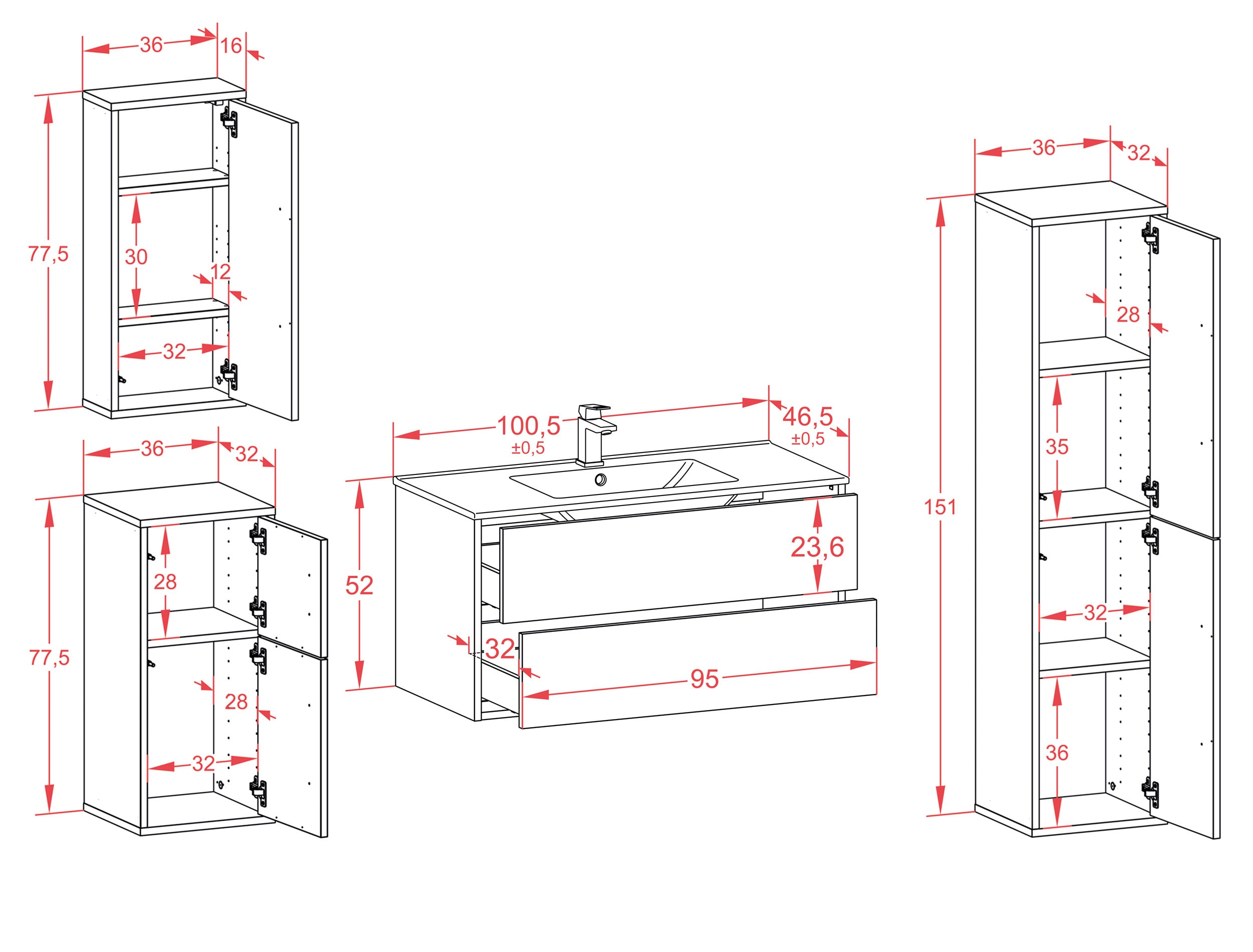 Badmöbelset - 4-Teilig Hades I-III - Unifarb-Dekor/Anthrazit - Wandmontage - Push to Open - 100 cm