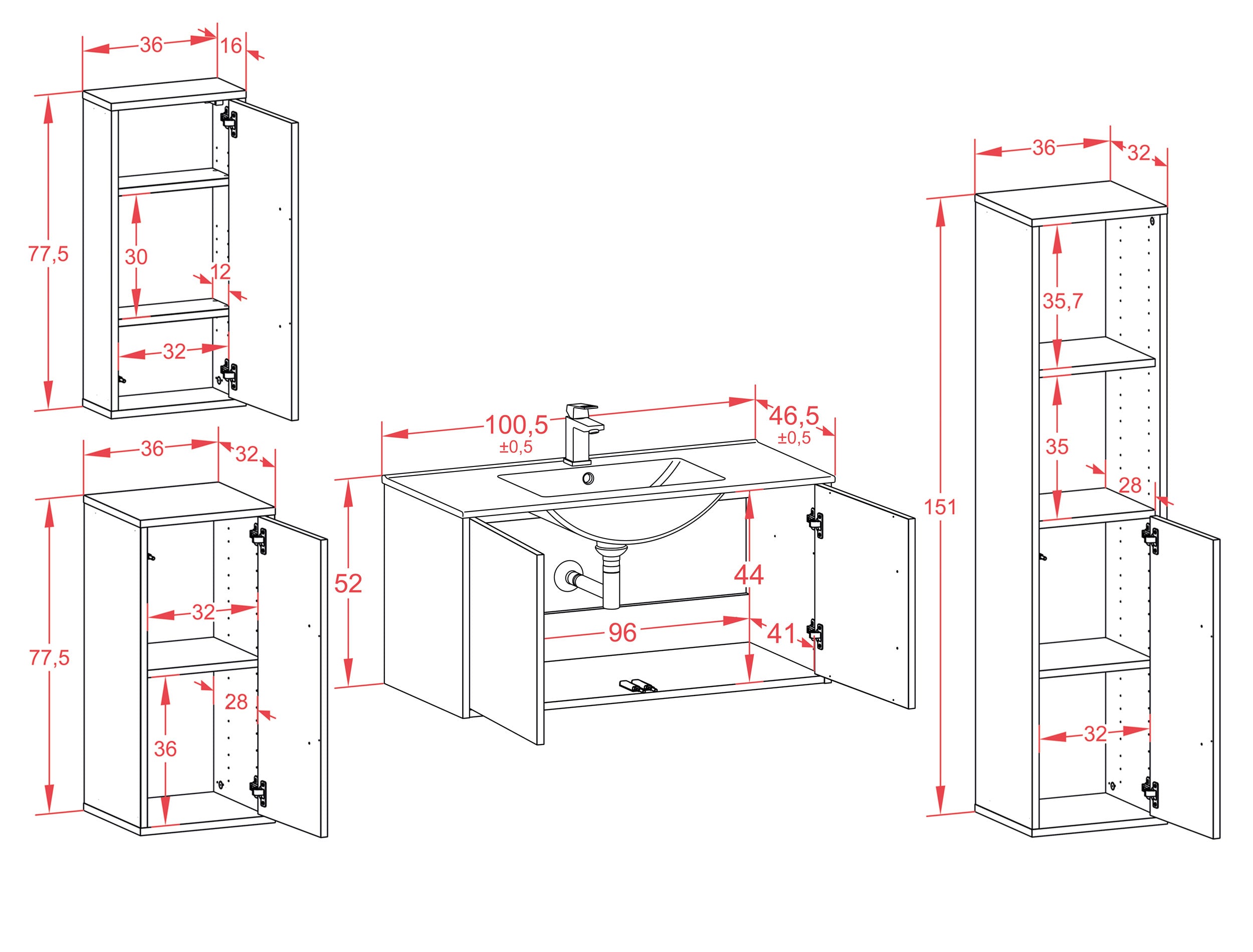 Badmöbelset - 4-Teilig Athene X-I - HG-Dekor/Anthrazit - Wandmontage - Push to Open - 100 cm