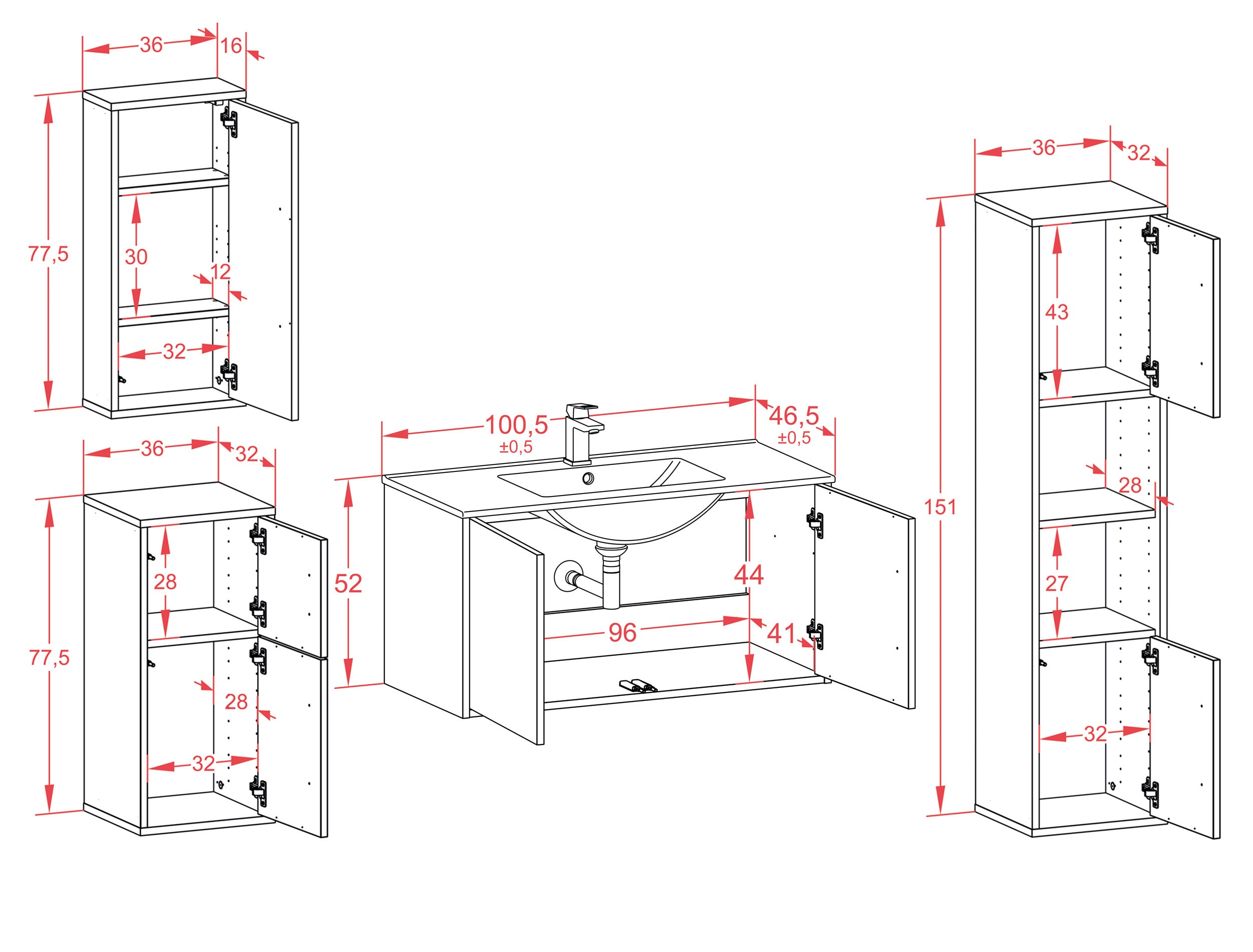 Badmöbelset - 4-Teilig Athene V-III - Unifarb-Dekor/Anthrazit - Wandmontage - Push to Open - 100 cm