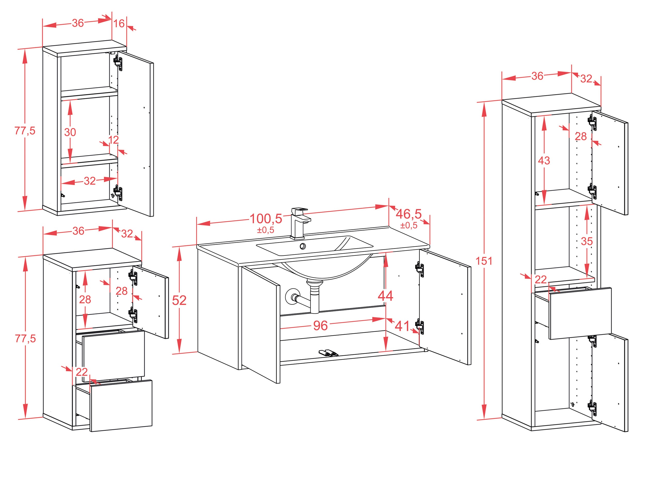 Badmöbelset - 4-Teilig Athene VII-IV - Holz-Dekor/Anthrazit - Wandmontage - Push to Open - 100 cm