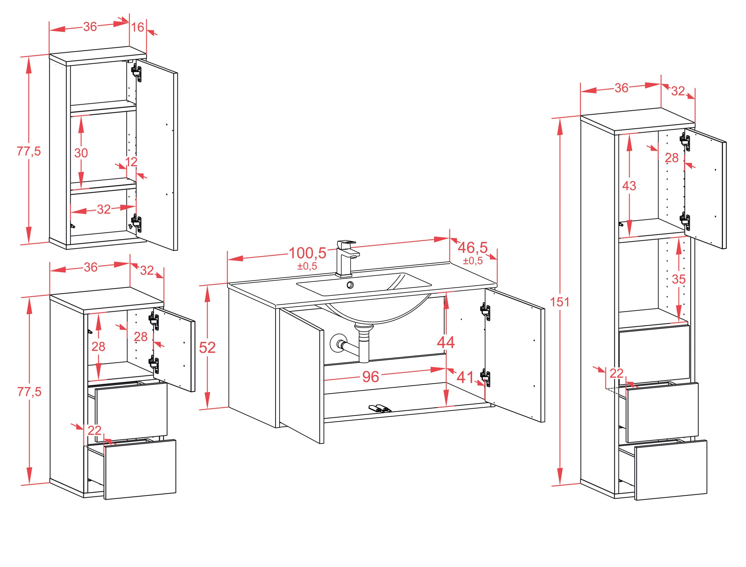 Badmöbelset - 4-Teilig Athene VIII-IV - Holz-Dekor/Anthrazit - Wandmontage - Push to Open - 100 cm