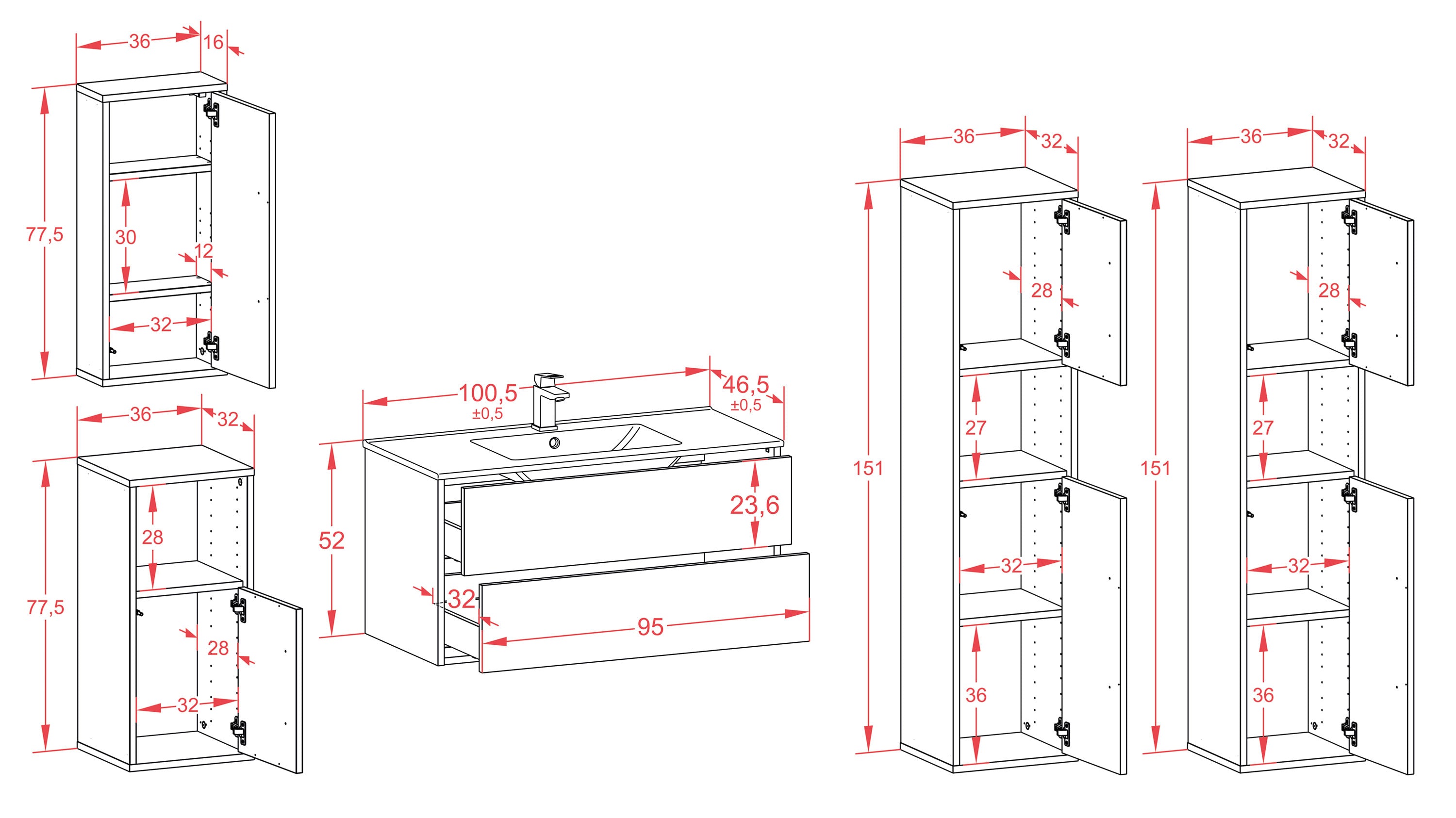 Badmöbelset - 5-Teilig Hades II-II - Dunkles Holz-Dekor/Anthrazit - Wandmontage - Push to Open - 100 cm