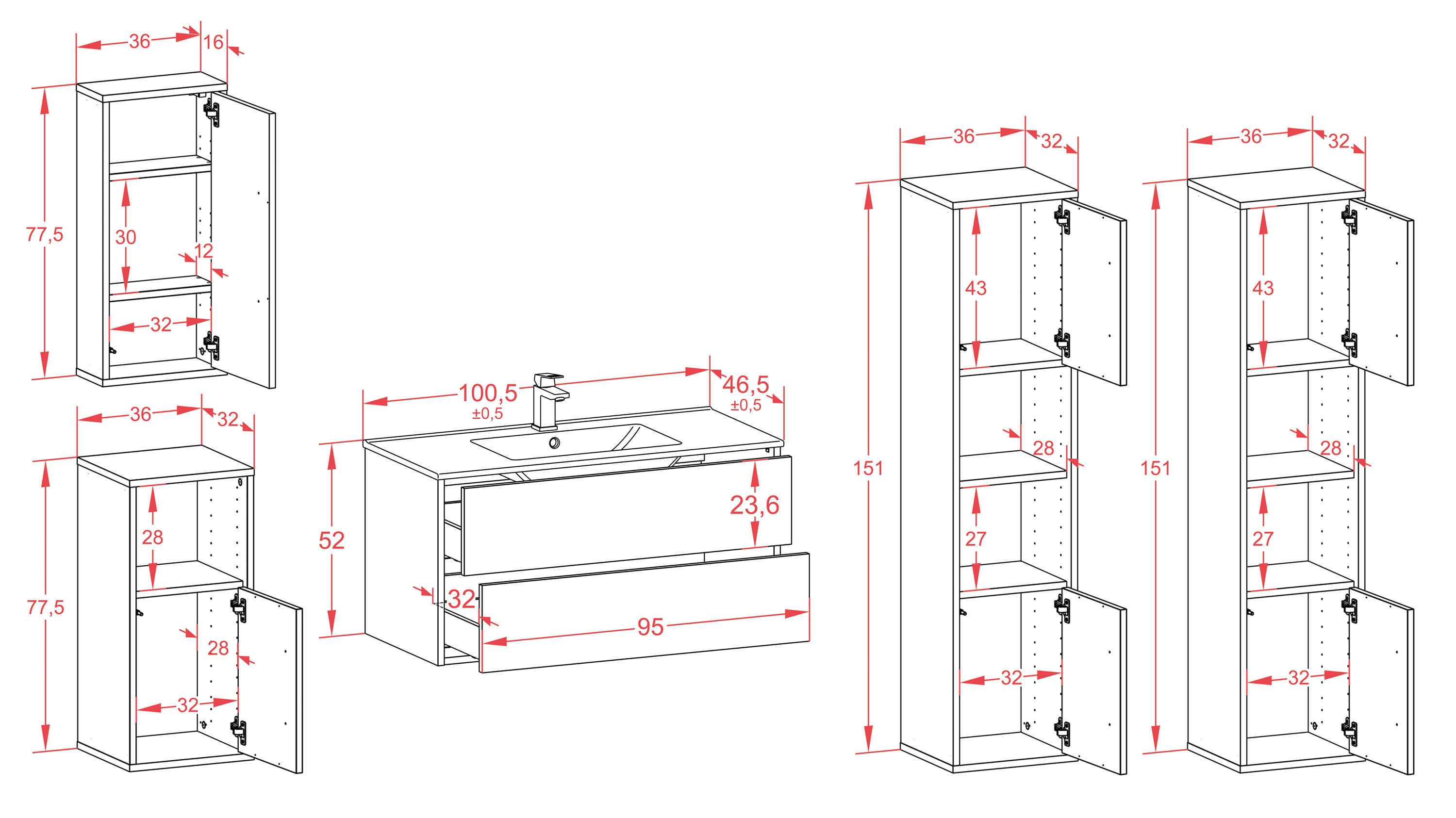 Badmöbelset - 5-Teilig Hades V-II - Holz-Dekor/Anthrazit - Wandmontage - Push to Open - 100 cm