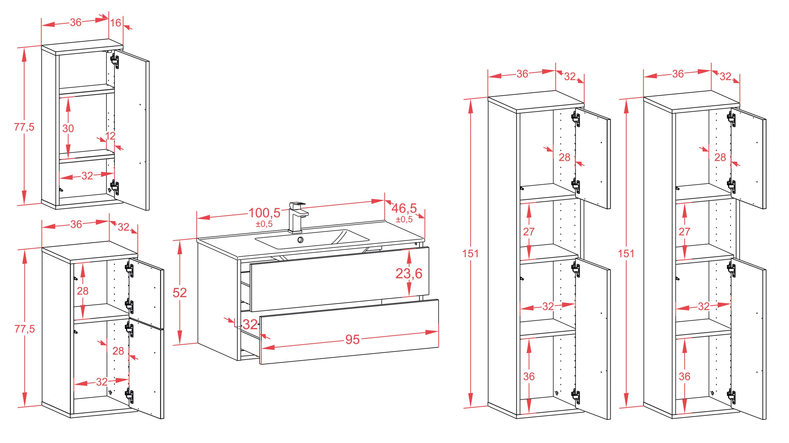 Badmöbelset - 5-Teilig Hades II-III - HG-Dekor/Anthrazit - Wandmontage - Push to Open - 100 cm