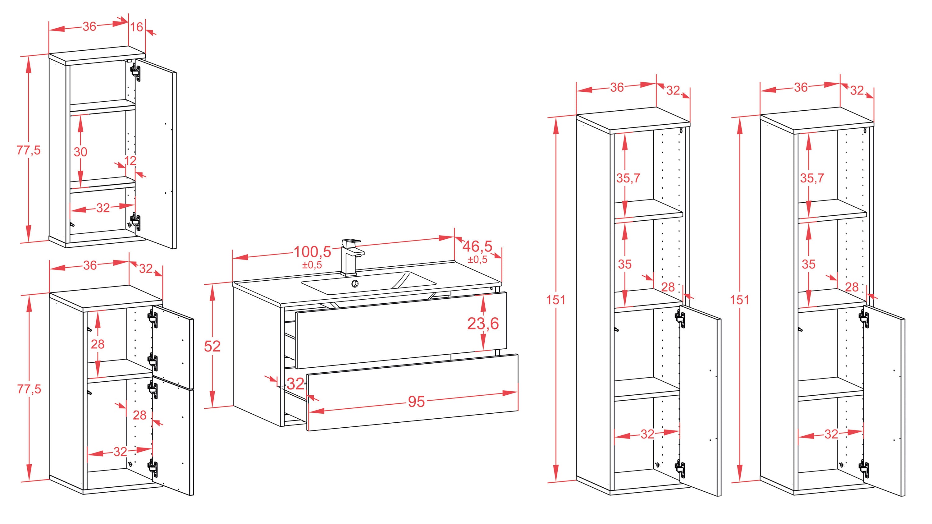 Badmöbelset - 5-Teilig Hades X-III - HG-Dekor/Anthrazit - Wandmontage - Push to Open - 100 cm