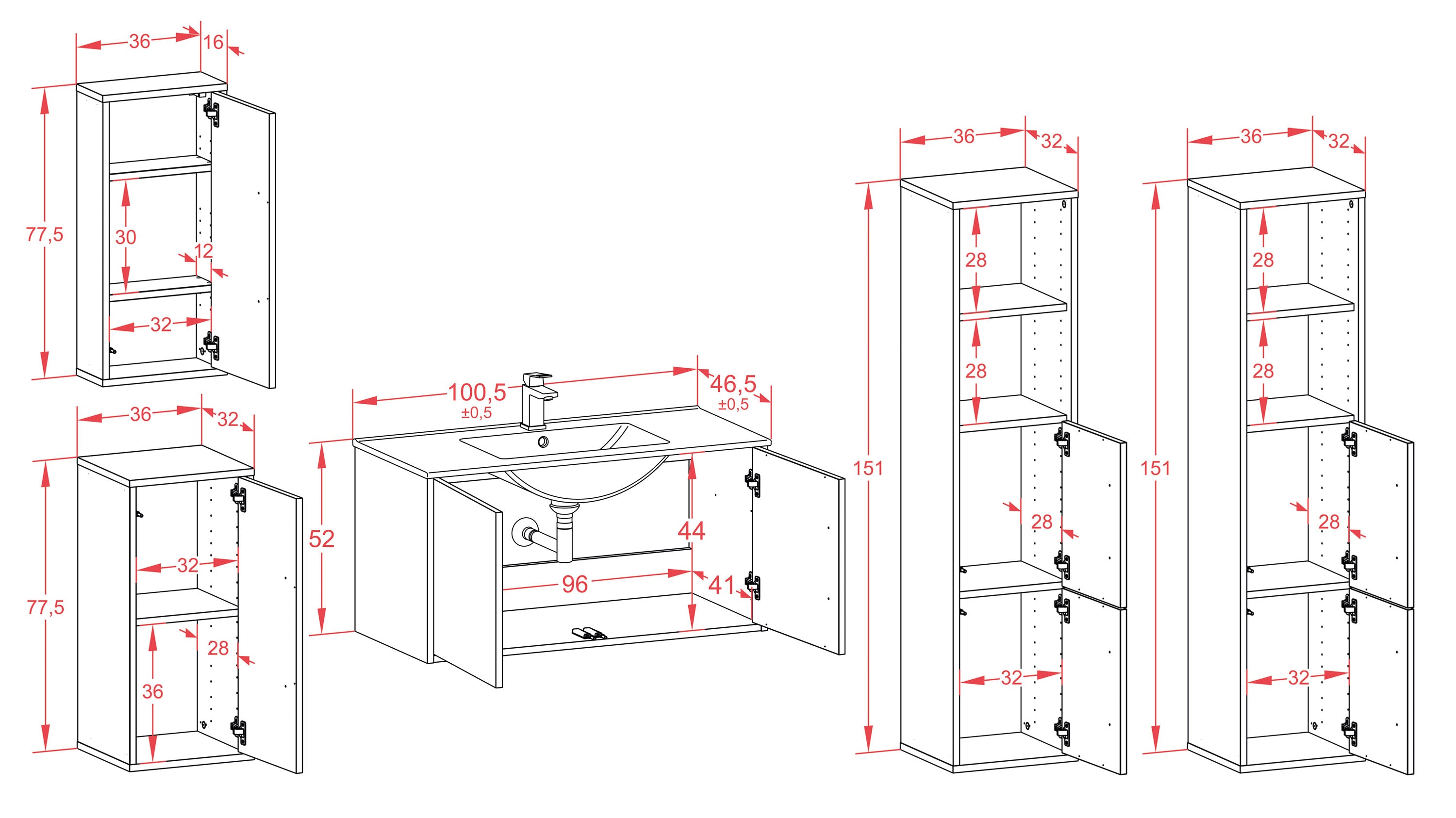 Badmöbelset - 5-Teilig Athene IV-I - Holz-Dekor/Anthrazit - Wandmontage - Push to Open - 100 cm