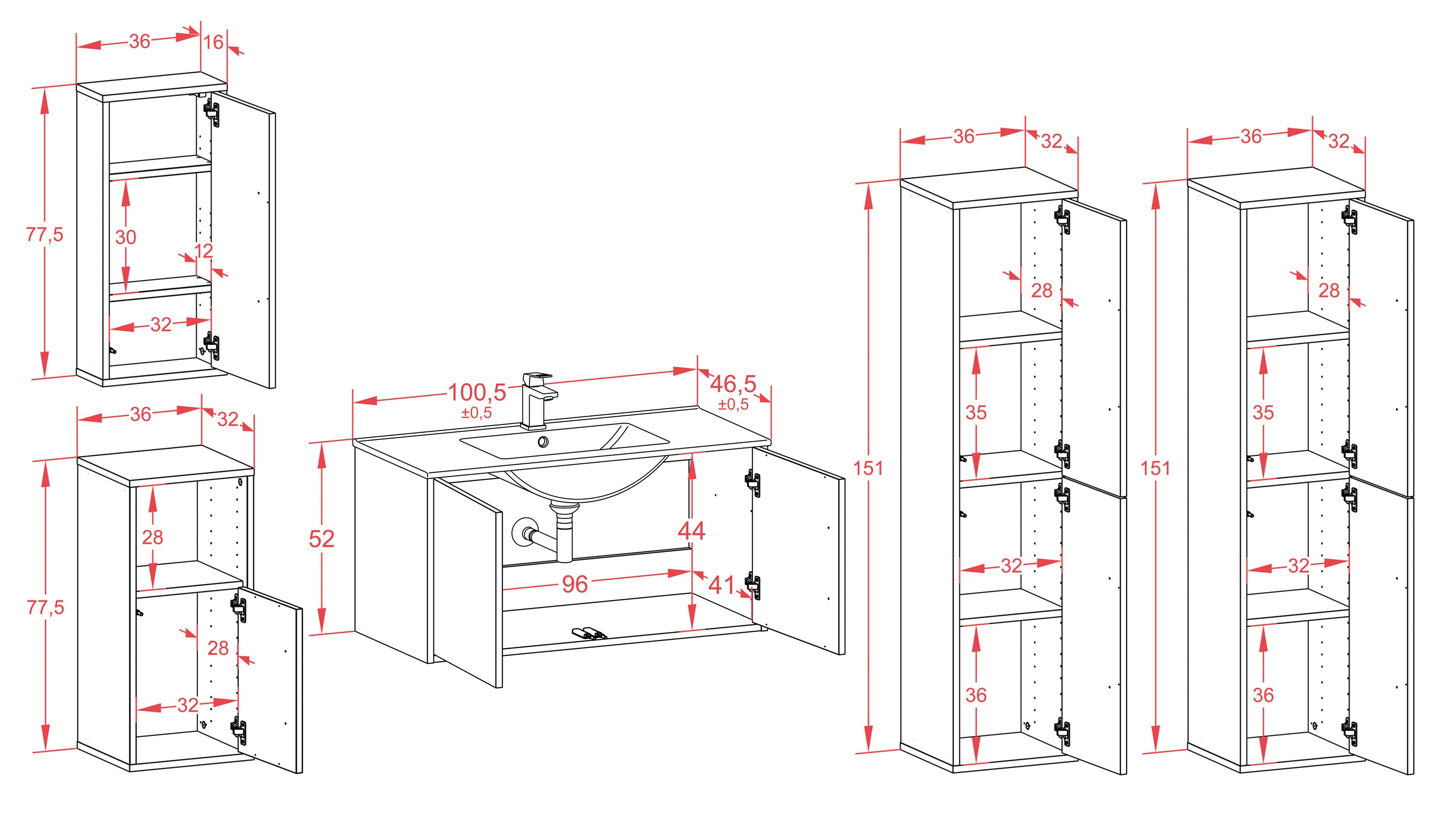 Badmöbelset - 5-Teilig Athene I-II - HG-Dekor/Anthrazit - Wandmontage - Push to Open - 100 cm
