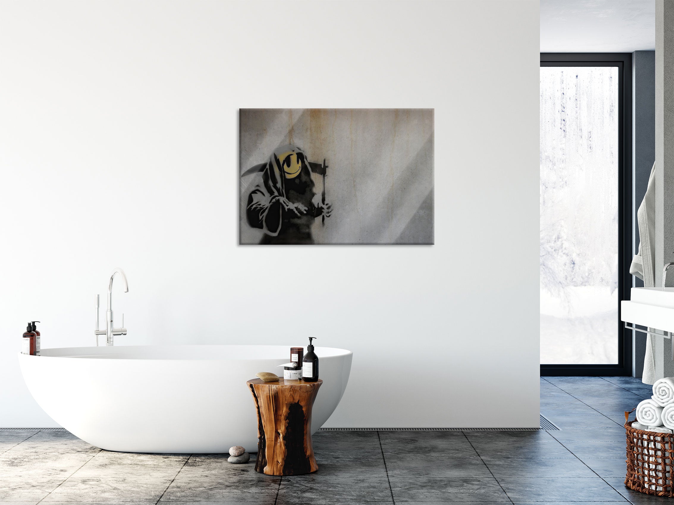 Banksy - Emoji mit Körper, Glasbild