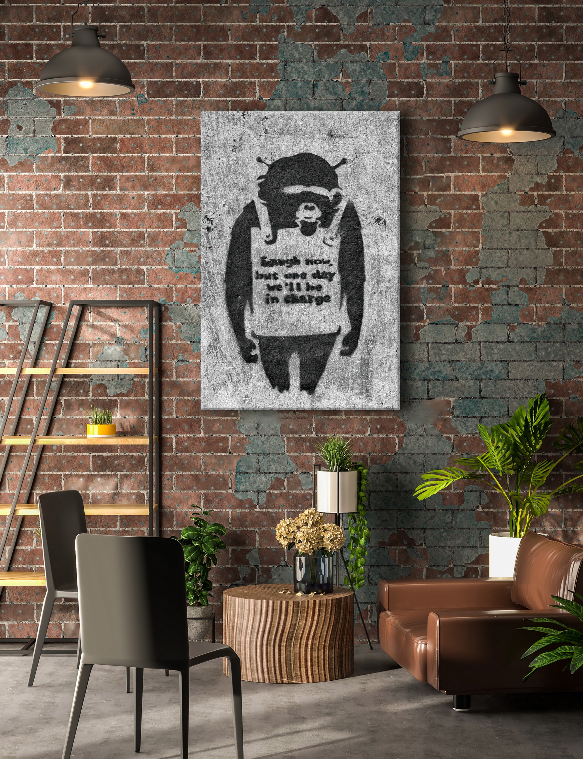 Banksy - Affe mit Schild , Leinwandbild