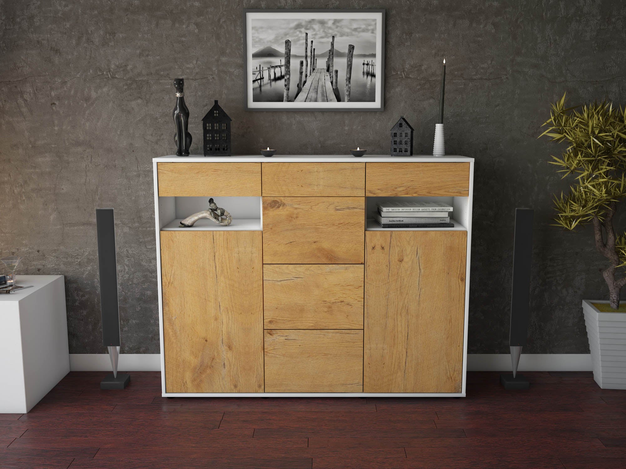 Highboard - Nevia - Design Holzdekor - Freistehend mit Push to Open 136 cm Weiss
