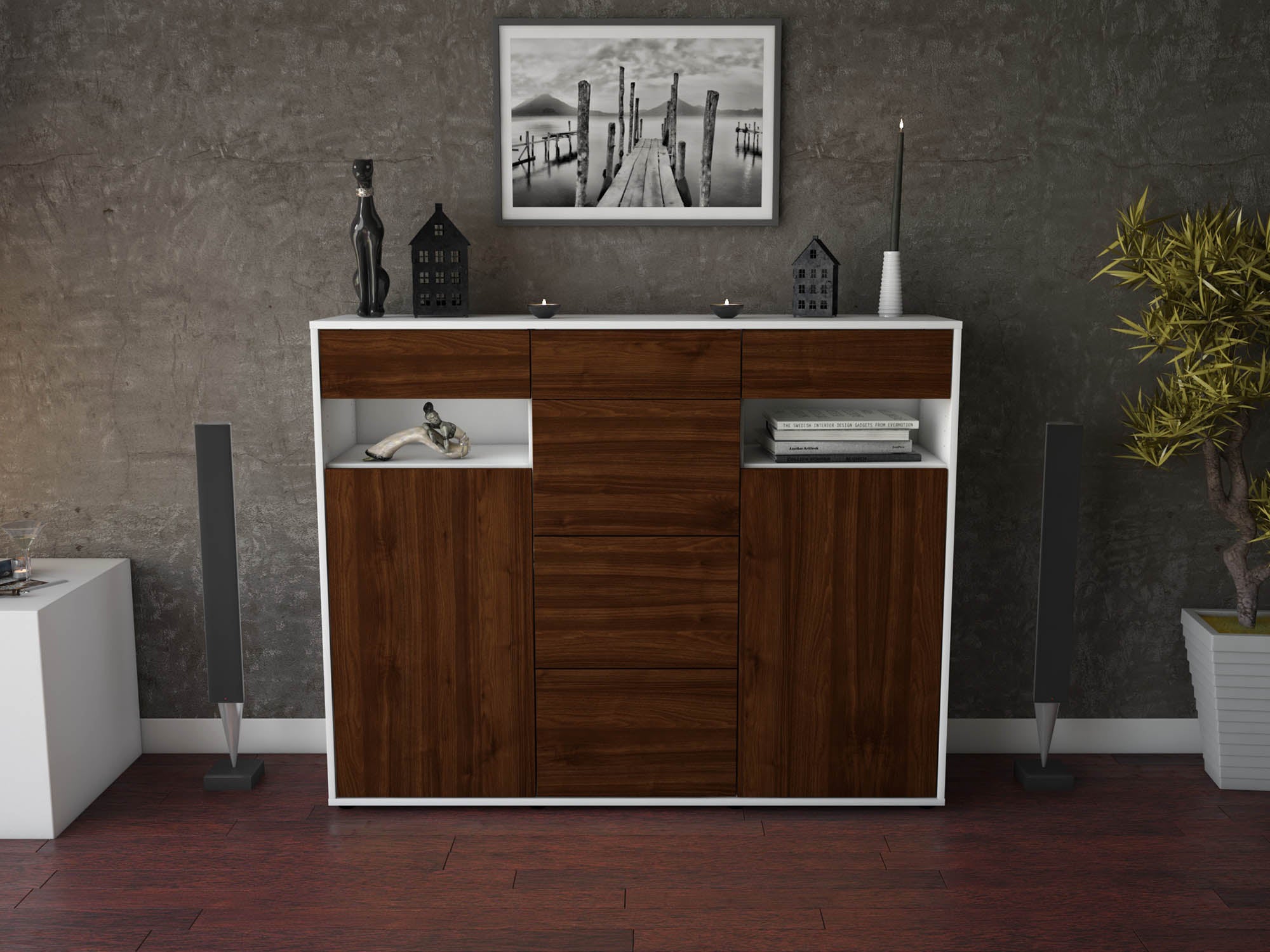 Highboard - Nevia - Design Holzdekor - Freistehend mit Push to Open 136 cm Weiss