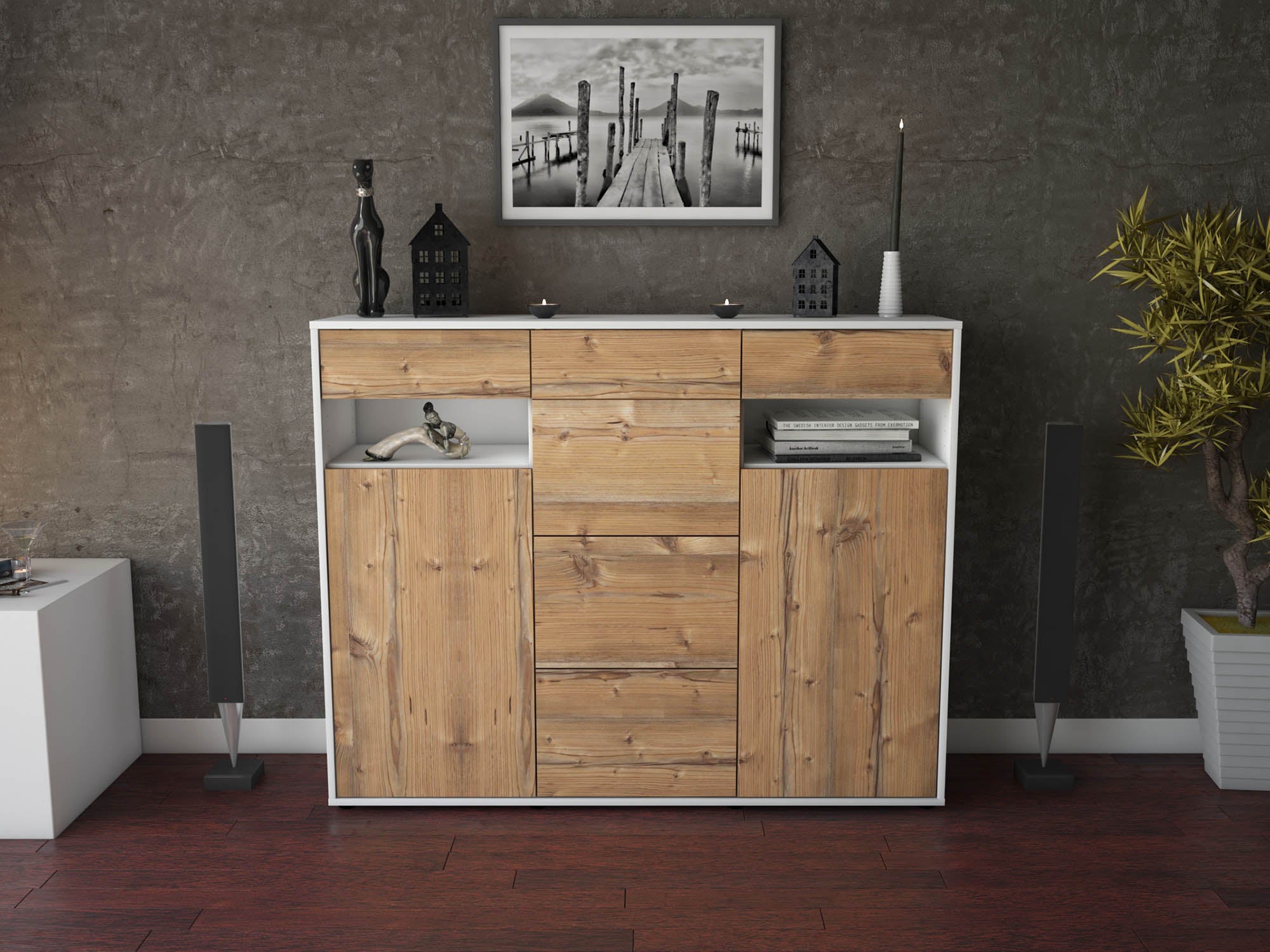 Highboard - Nevia - Design Holzdekor - Freistehend mit Push to Open 136 cm Weiss