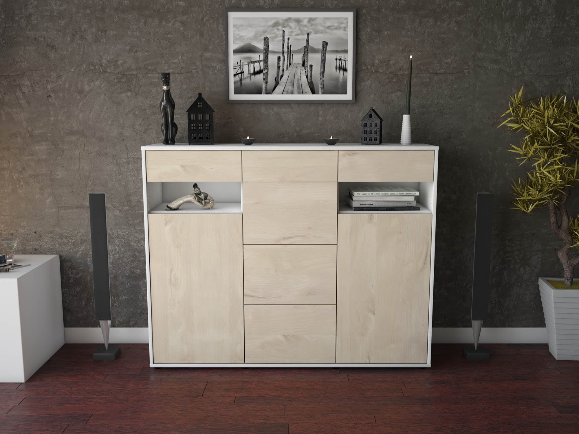 Highboard - Nevia - Design Holzdekor - Freistehend mit Push to Open 136 cm Weiss