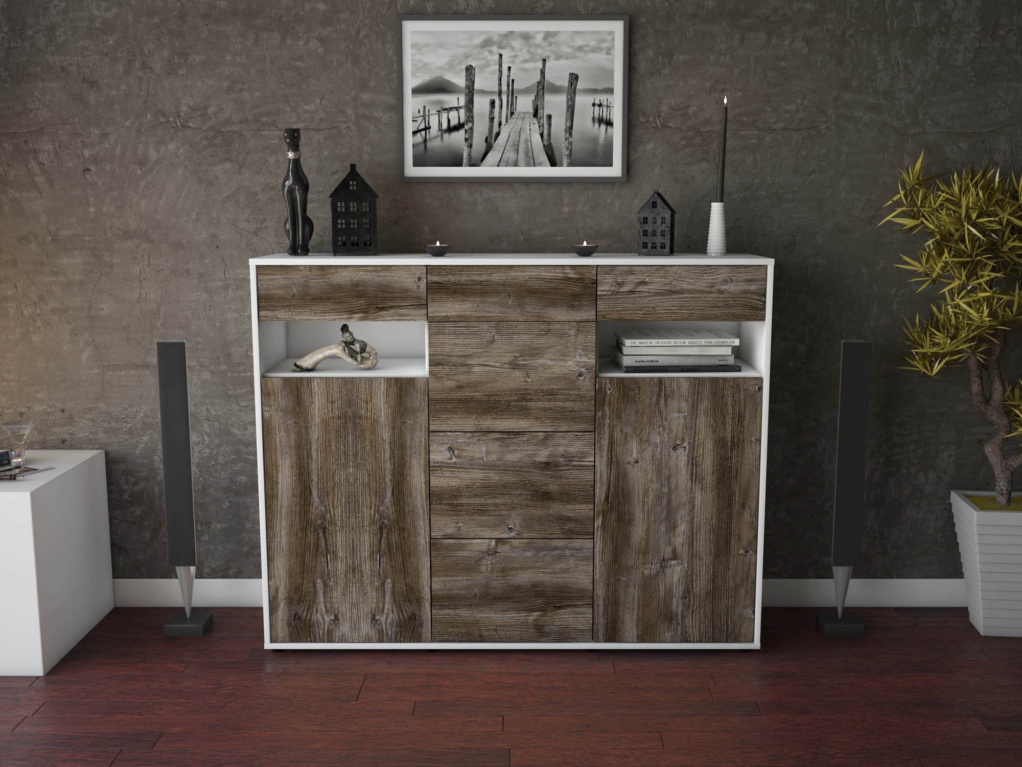 Highboard - Nevia - Design Holzdekor - Freistehend mit Push to Open 136 cm Weiss