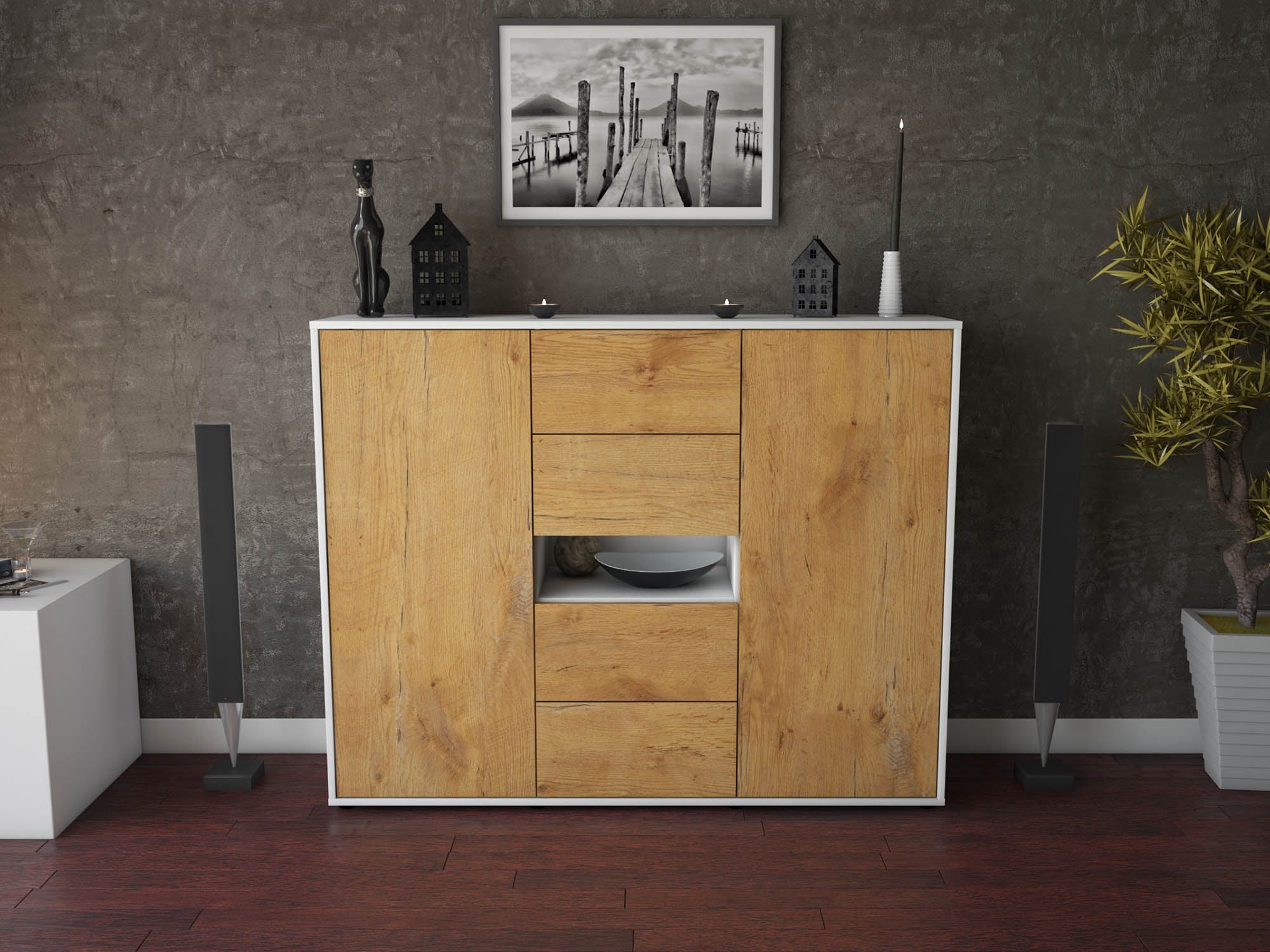 Highboard - Noelia - Design Holzdekor - Freistehend mit Push to Open 136 cm Weiss