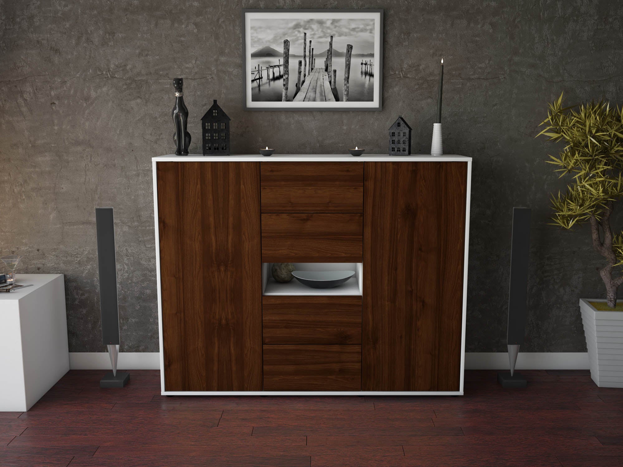 Highboard - Noelia - Design Holzdekor - Freistehend mit Push to Open 136 cm Weiss