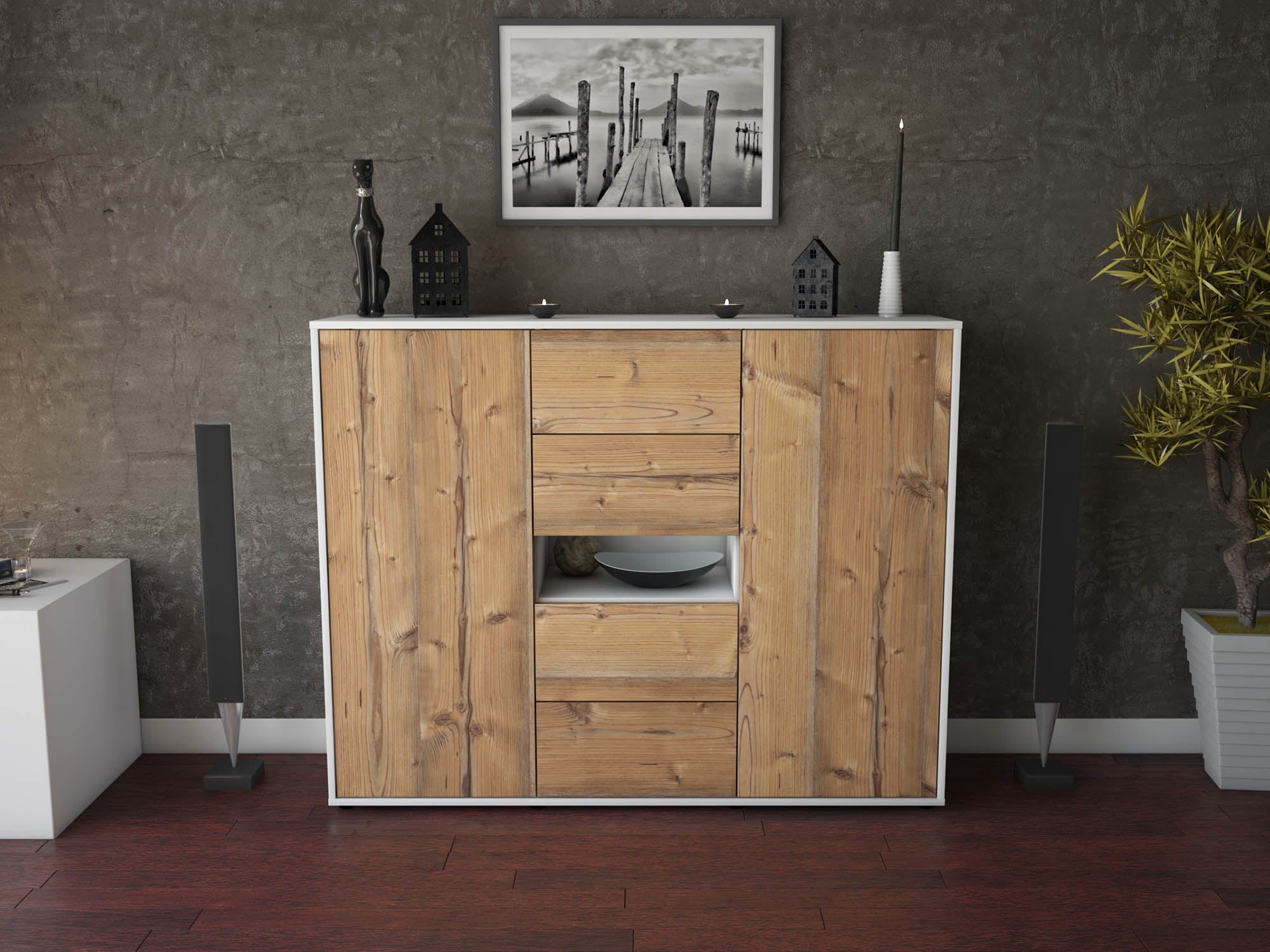 Highboard - Noelia - Design Holzdekor - Freistehend mit Push to Open 136 cm Weiss