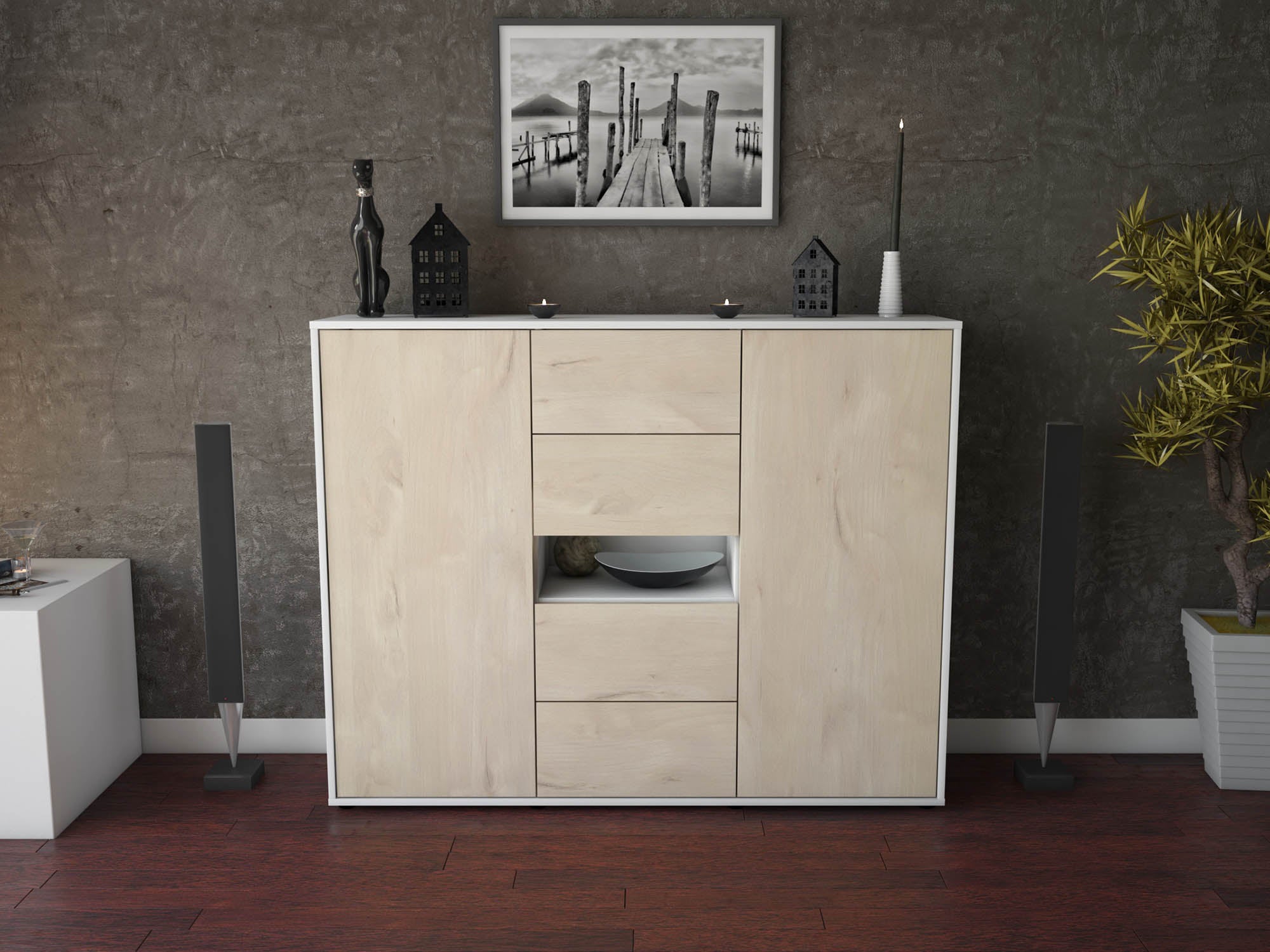 Highboard - Noelia - Design Holzdekor - Freistehend mit Push to Open 136 cm Weiss