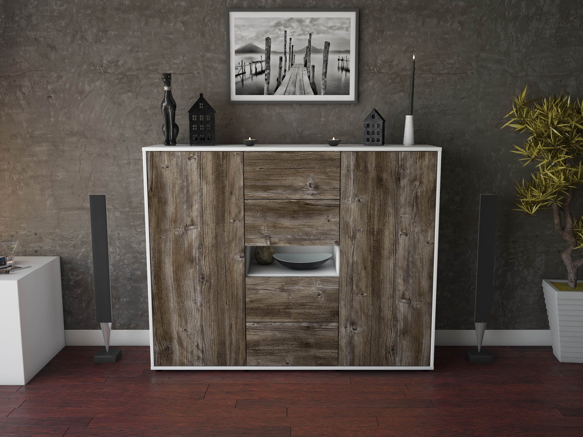 Highboard - Noelia - Design Holzdekor - Freistehend mit Push to Open 136 cm Weiss