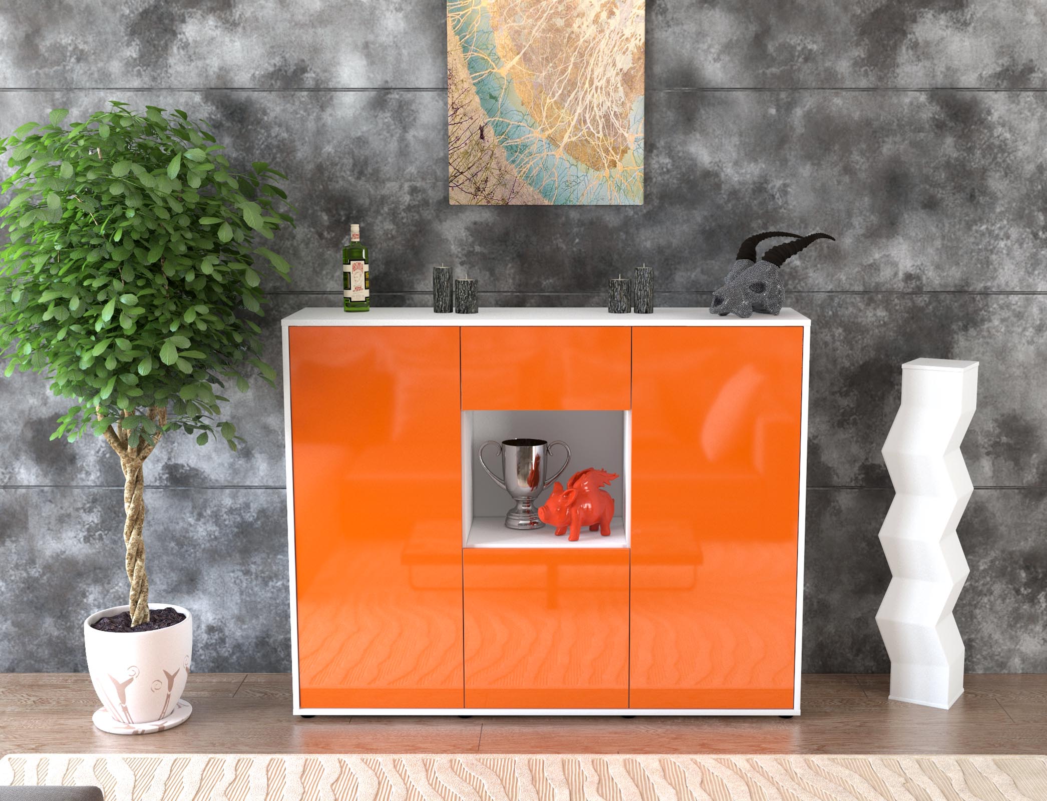 Highboard - Nuria - Design Hochglanz - Freistehend mit Push to Open 136 cm Weiss