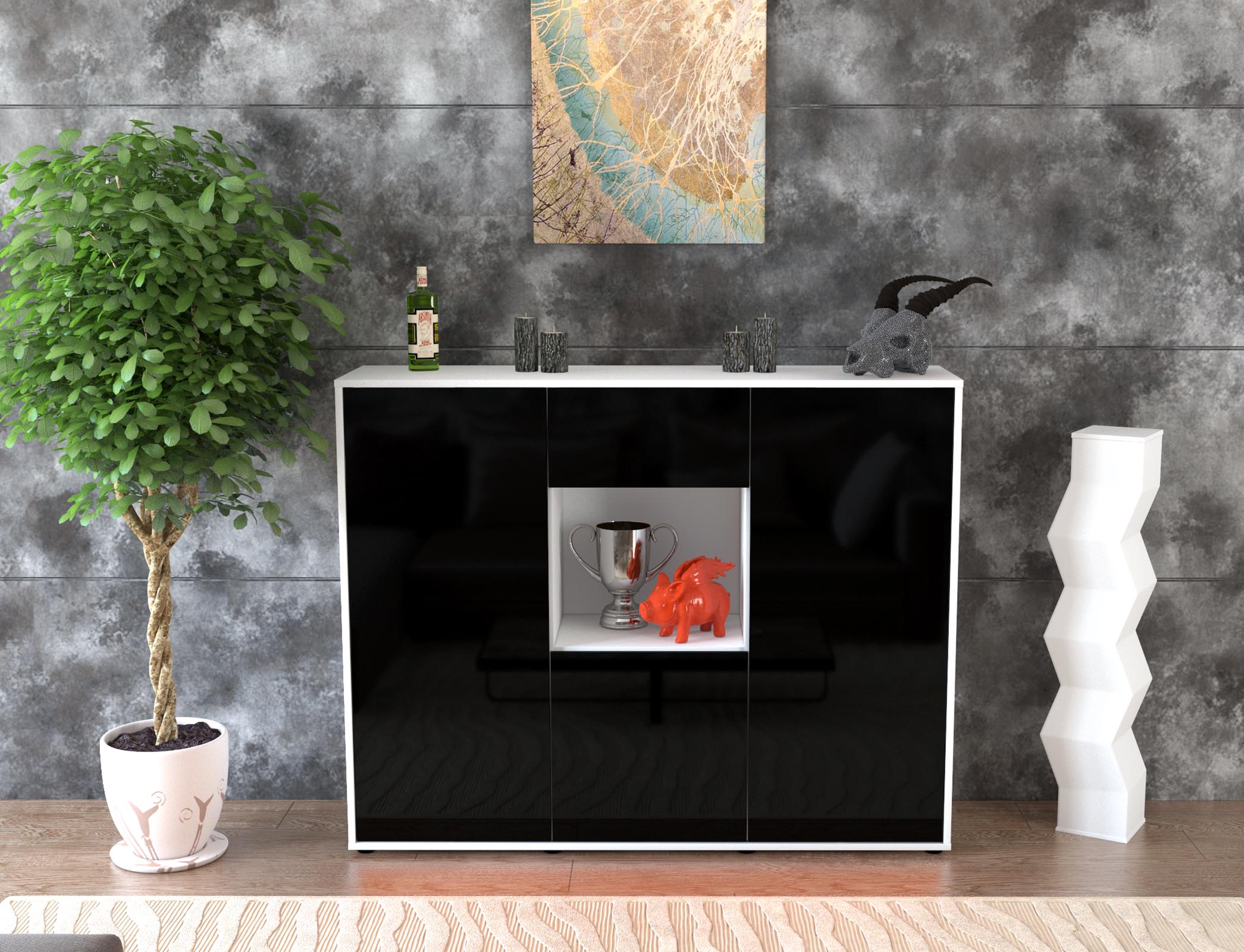 Highboard - Nuria - Design Hochglanz - Freistehend mit Push to Open 136 cm Weiss