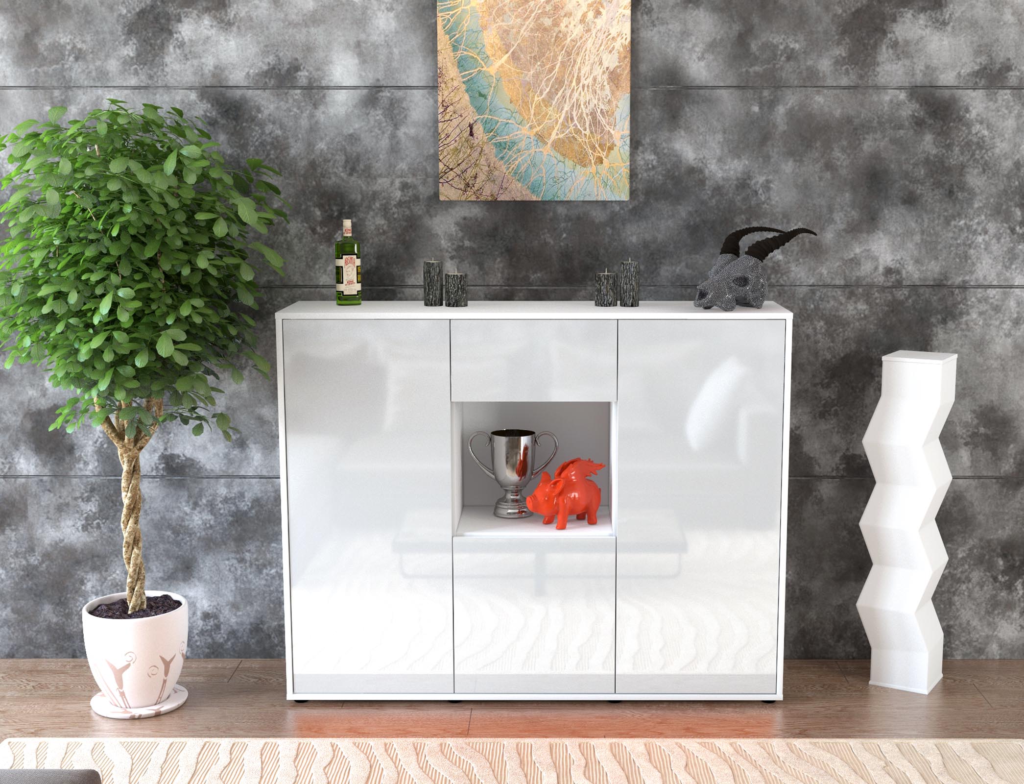 Highboard - Nuria - Design Hochglanz - Freistehend mit Push to Open 136 cm Weiss