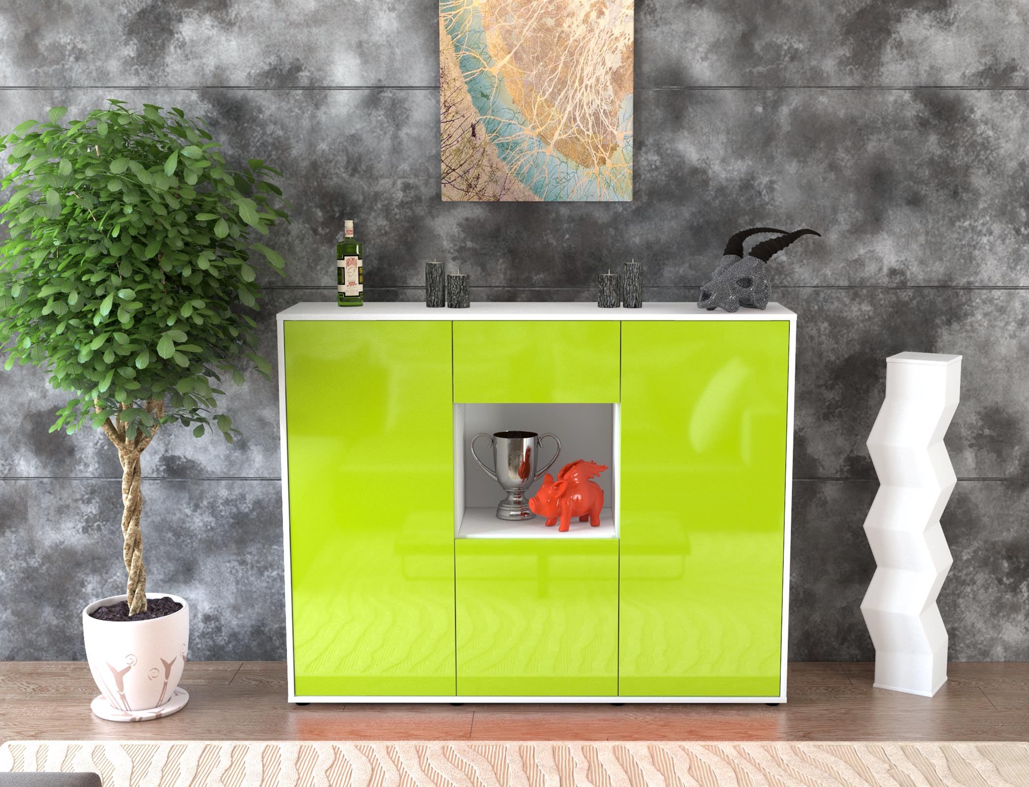 Highboard - Nuria - Design Hochglanz - Freistehend mit Push to Open 136 cm Weiss
