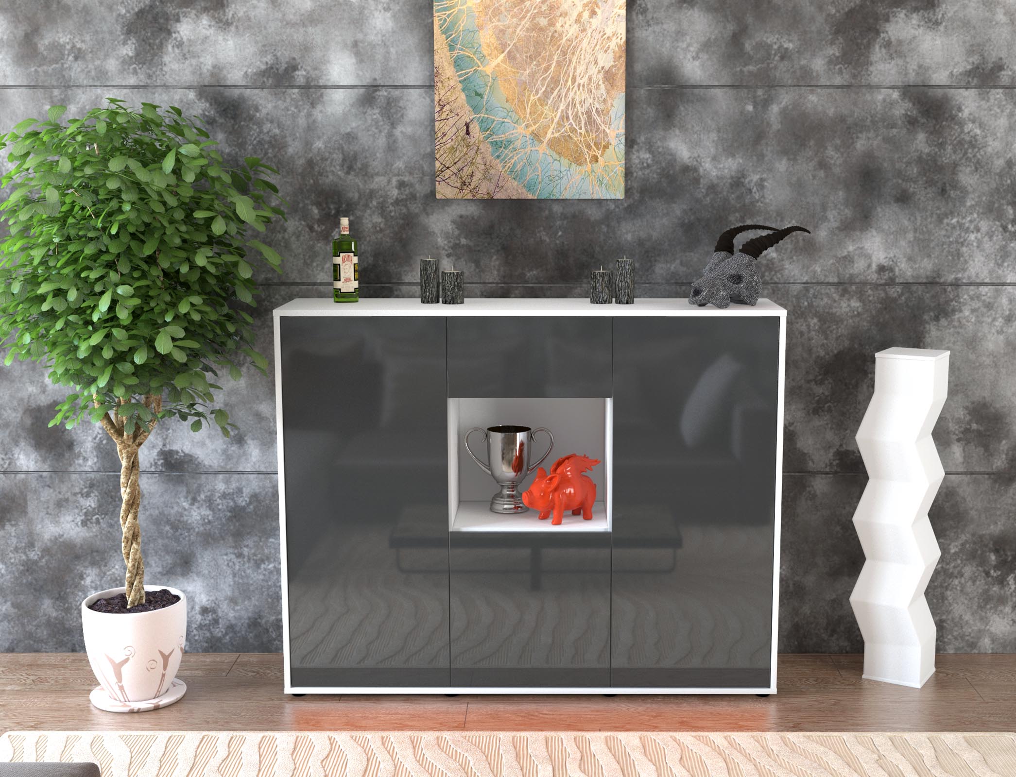 Highboard - Nuria - Design Hochglanz - Freistehend mit Push to Open 136 cm Weiss