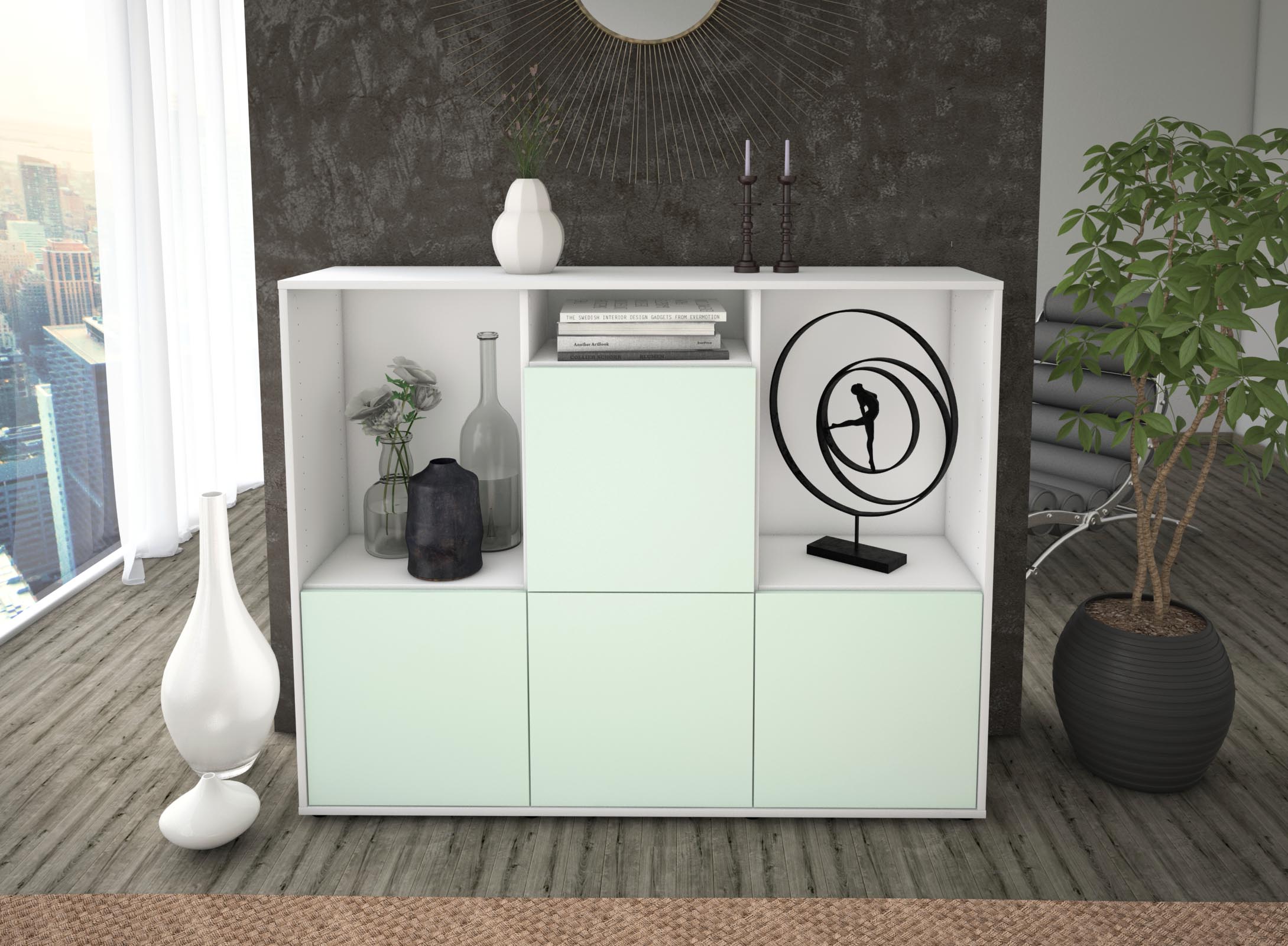 Highboard - Saskia - Design Farbakzent - Freistehend mit Push to Open 136 cm Weiss