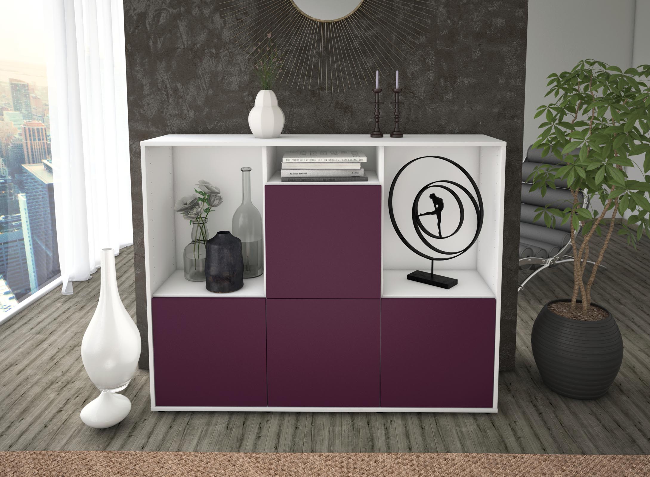 Highboard - Saskia - Design Farbakzent - Freistehend mit Push to Open 136 cm Weiss