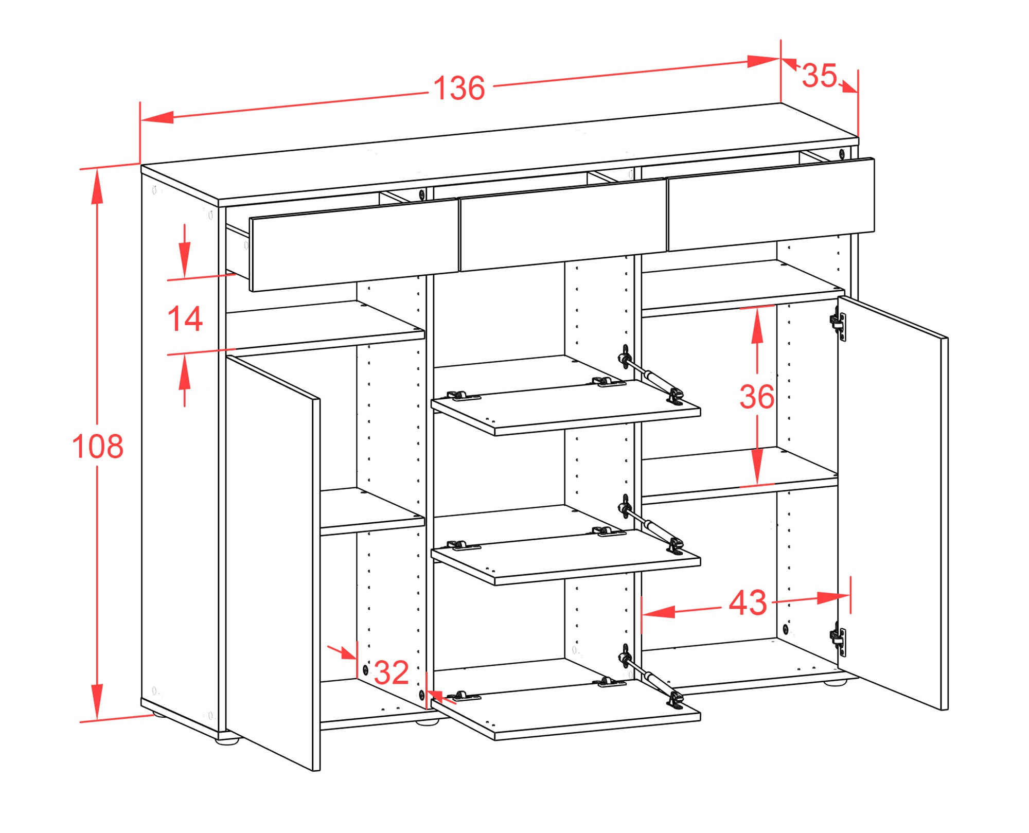 Highboard - Nevia - Design Holzdekor - Freistehend mit Push to Open 136 cm Weiss