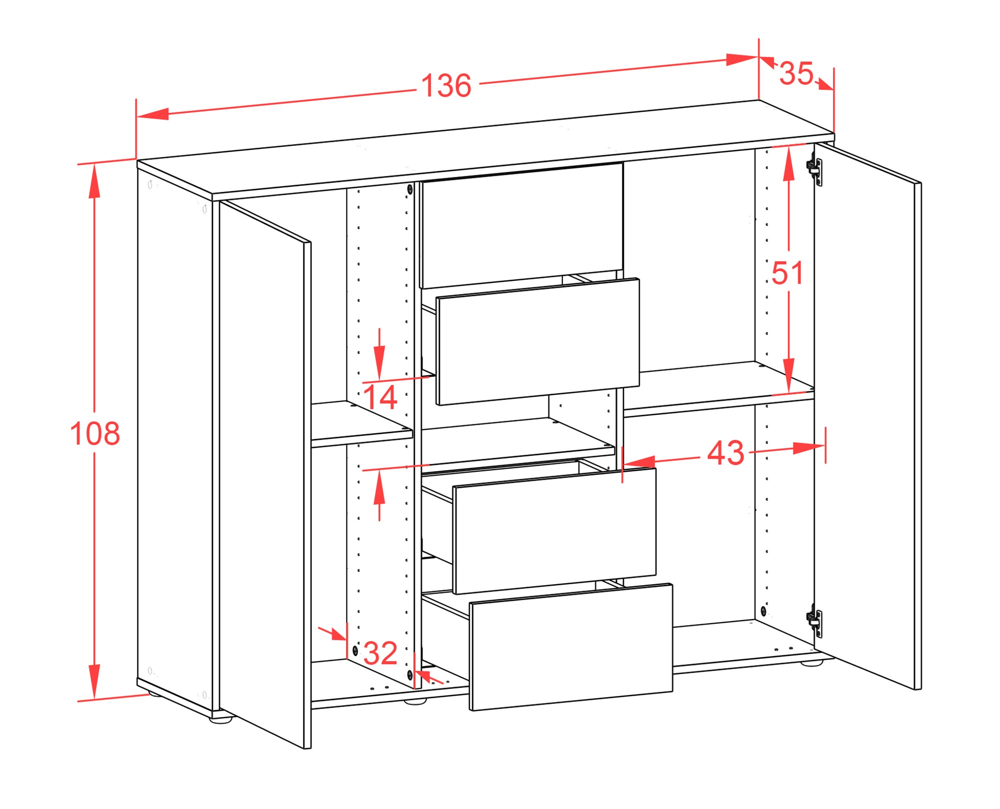 Highboard - Noelia - Design Holzdekor - Freistehend mit Push to Open 136 cm Weiss