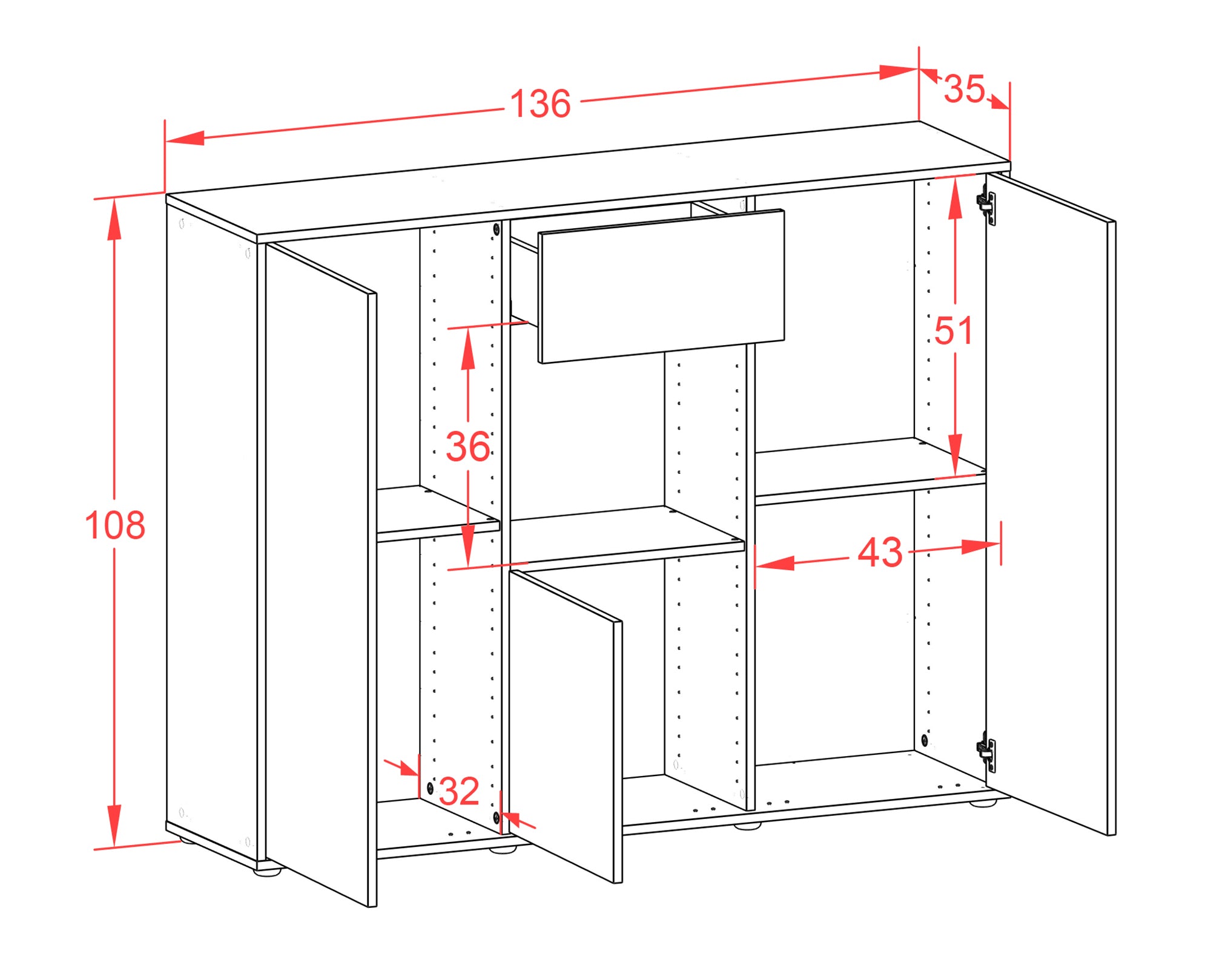 Highboard - Nuria - Design Hochglanz - Freistehend mit Push to Open 136 cm Weiss