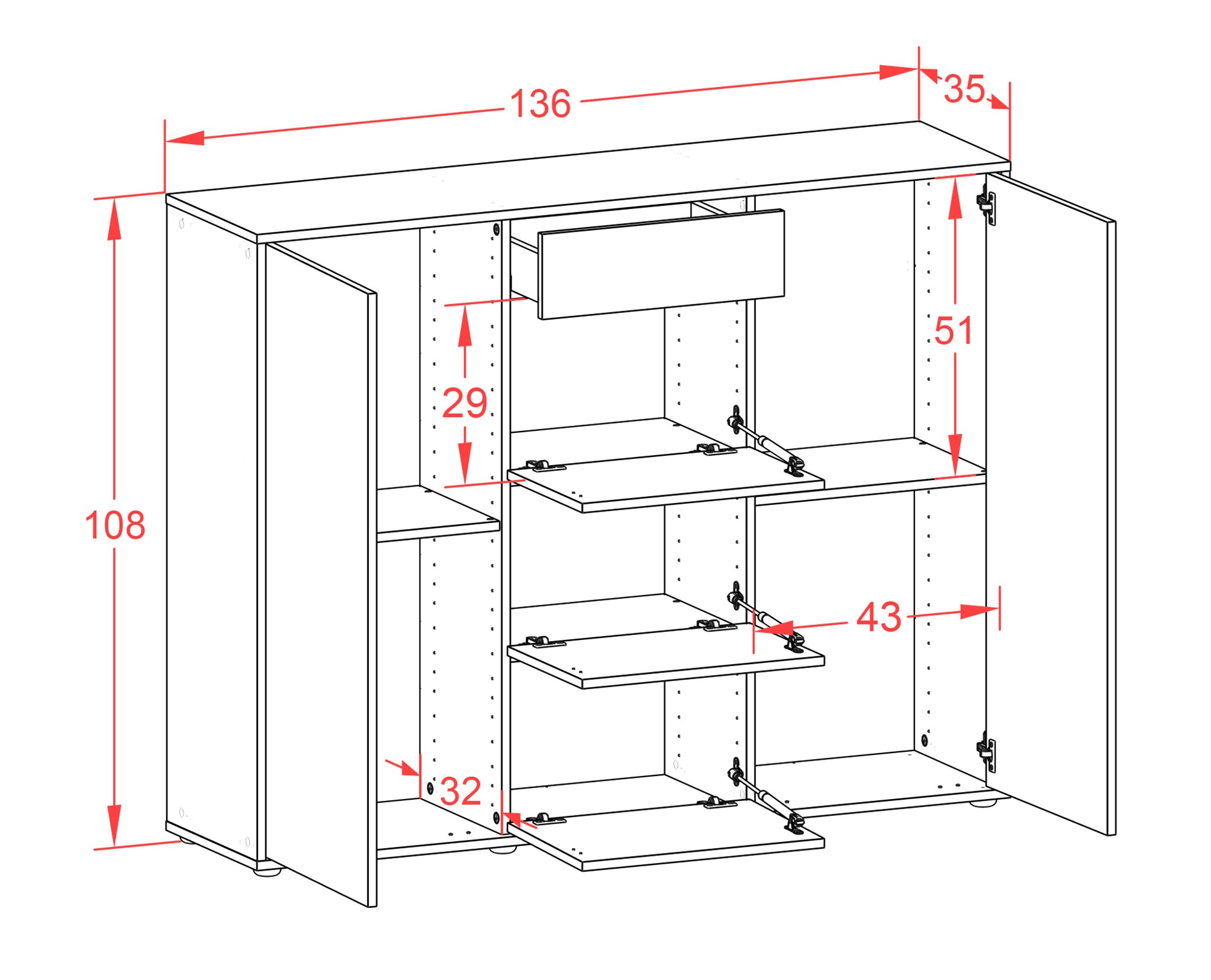 Highboard - Prospera - Design Hochglanz - Freistehend mit Push to Open 136 cm Weiss