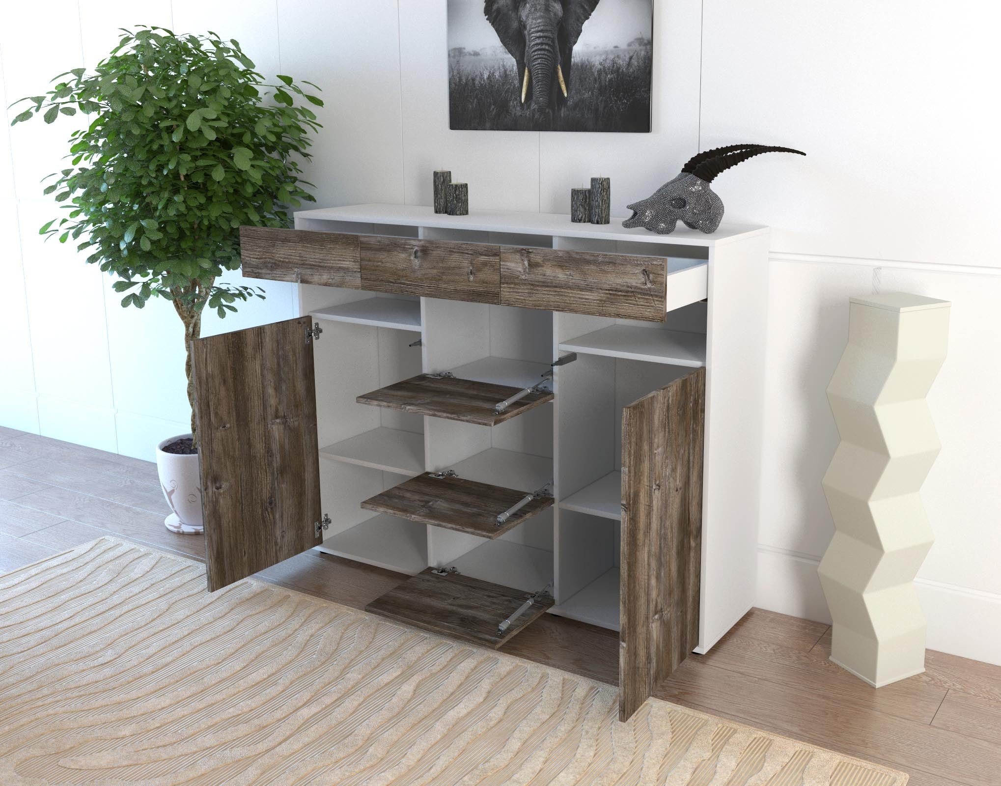 Highboard - Nevia - Design Holzdekor - Freistehend mit Push to Open 136 cm Weiss